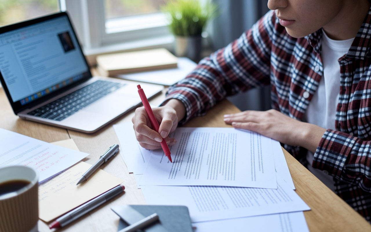 A focused student sitting at a desk, carefully proofreading application documents with a red pen in hand. The desk is cluttered with papers, a laptop open with a word processor displaying the application, and a cup of coffee. Daylight streams through the window, illuminating the scene, while notes marked with errors add to the intensity of their effort. The expression on the student's face shows determination and attention to detail.