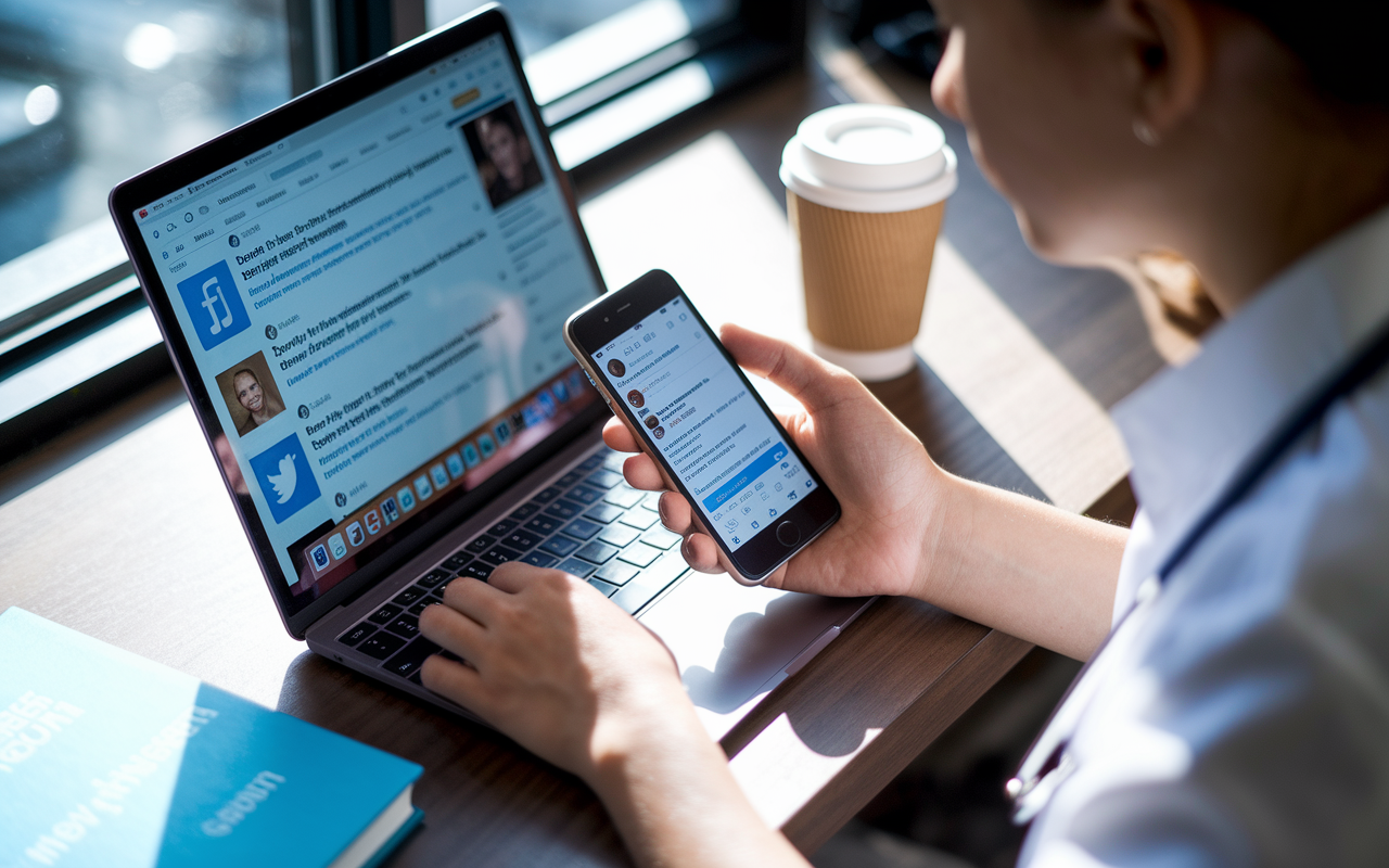 A close-up view of a medical student sitting at a coffee shop, intently using a laptop and smartphone to engage in medical discussions on social media. The screen displays a vibrant Twitter feed with tweets about residency programs and mentorship opportunities. Natural light filters through the window, casting soft shadows, with the student appearing focused and connected. A coffee cup and medical textbooks are visible on the table, showcasing a blend of academic and social engagement.