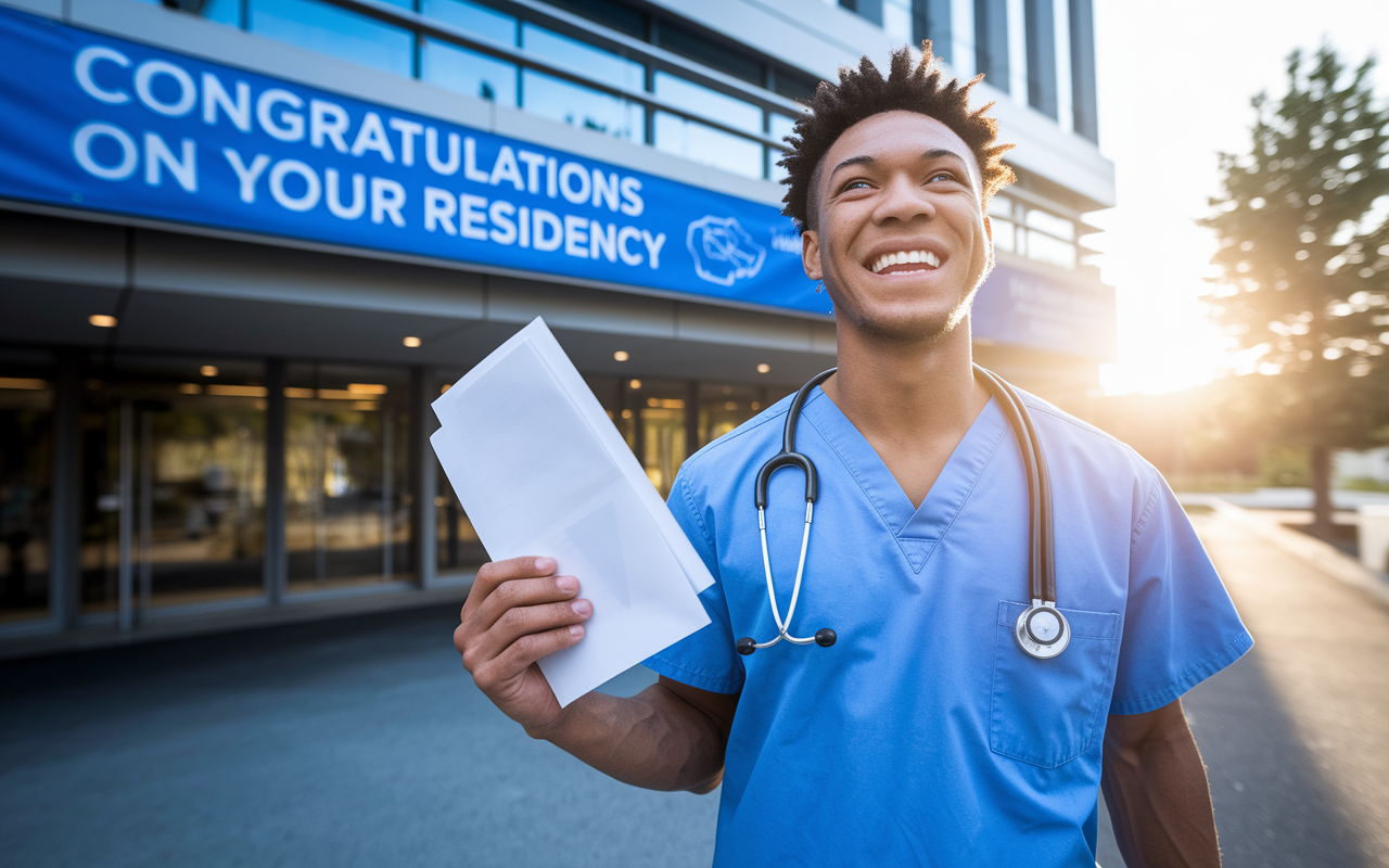 A proud medical student, overwhelmed with joy, stands outside a prestigious hospital with a 'Congratulations on Your Residency' banner behind him. He holds acceptance letters in one hand and smiles broadly while wearing scrubs, symbolizing hard work and achievement. The setting sun casts a warm golden light, creating a hopeful and triumphant atmosphere that represents dreams fulfilled and new beginnings.