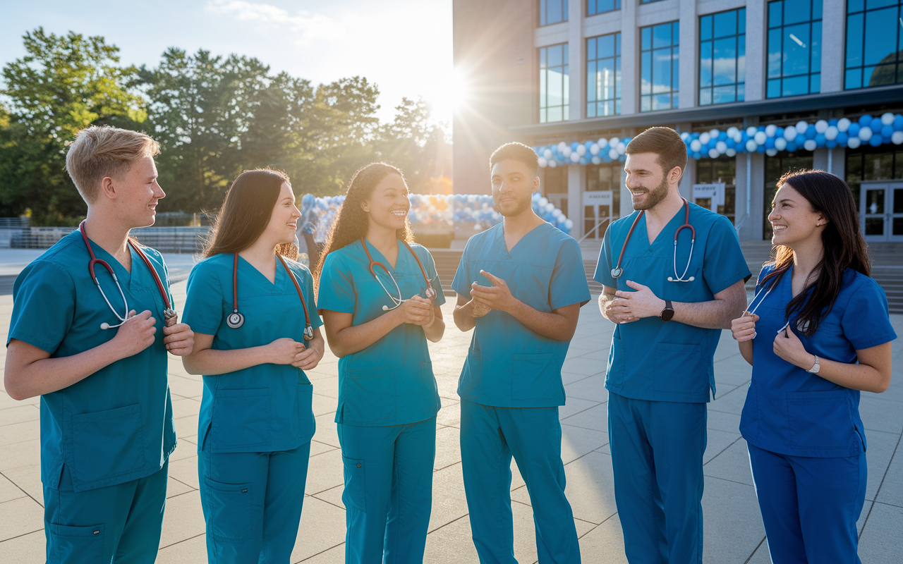 A group of medical graduates standing outside a venue early on Match Day morning, the sun rising behind them, casting a golden glow. They are in scrubs and smart attire, engaged in animated conversations filled with hope and anxiety. The backdrop shows a university building adorned with balloons and decorations for the occasion. Convey the mix of nerves and excitement through their facial expressions and body language, capturing the spirit of camaraderie.