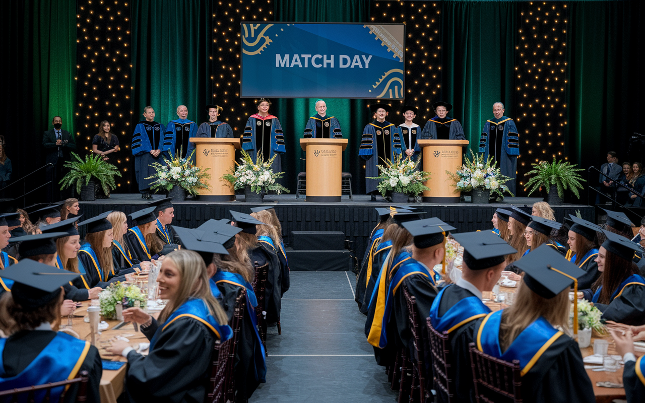 A formal match day ceremony set in a grand hall with a stage and decor celebrating the graduates. Students are seen sitting at tables, talking animatedly, and waiting for the results. In the background, faculty members stand at the podium, speaking to an excited crowd. The mood is vibrant, with twinkling lights, and the anticipation hangs heavy in the air, capturing the essence of the moment before the reveal.