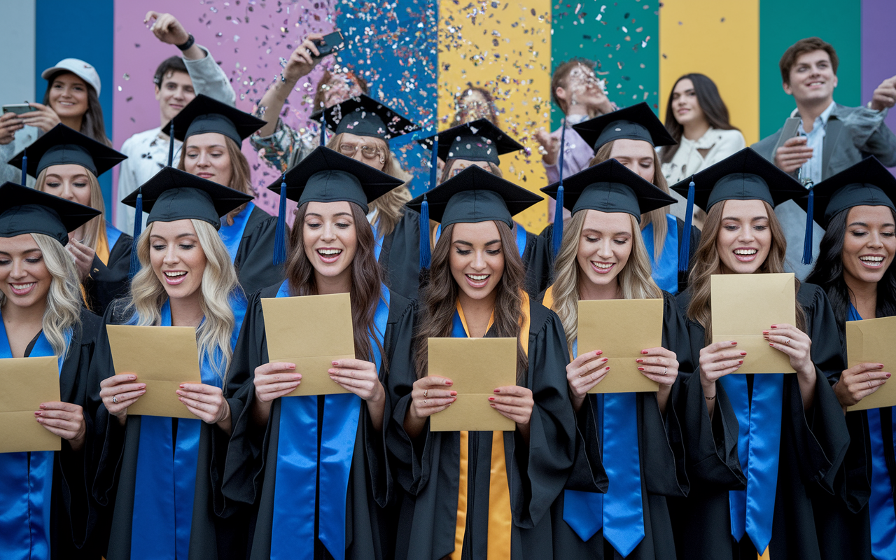 A lively scene where a group of graduates simultaneously opens their envelopes, revealing their residency placements. Their faces display varied emotions: joy, surprise, and some moments of sadness. Confetti floats in the air as they react collectively, with a backdrop of friends embracing and taking photos. Capture the camaraderie, spontaneity, and the emotional rollercoaster, against a colorful and festive atmosphere.