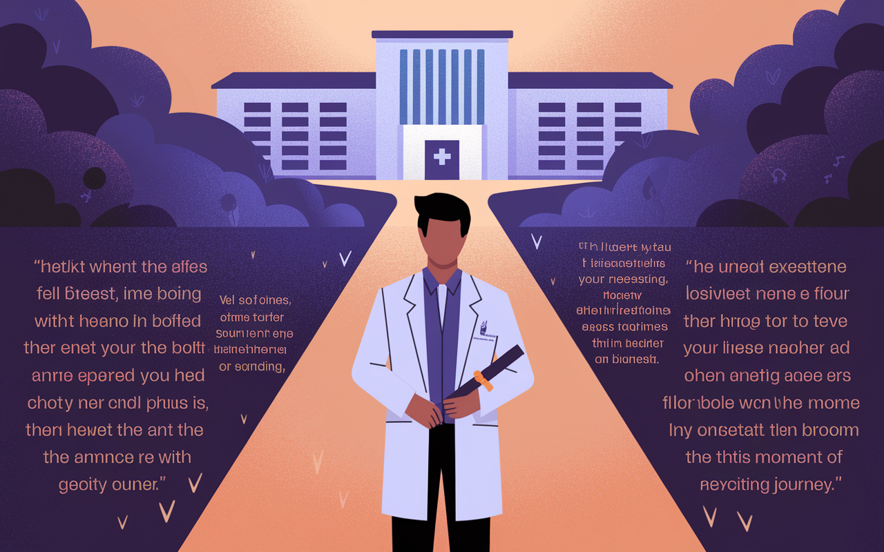 A symbolic illustration depicting the transition from medical student to resident physician. The foreground shows a student in a white coat holding their diploma, symbolizing achievement and readiness. In the background, a path leading to a hospital looms larger than life, adorned with inspirational quotes. The atmosphere conveys hope and determination, enhanced by warm and inviting lighting, making this moment feel like the beginning of an exciting journey.