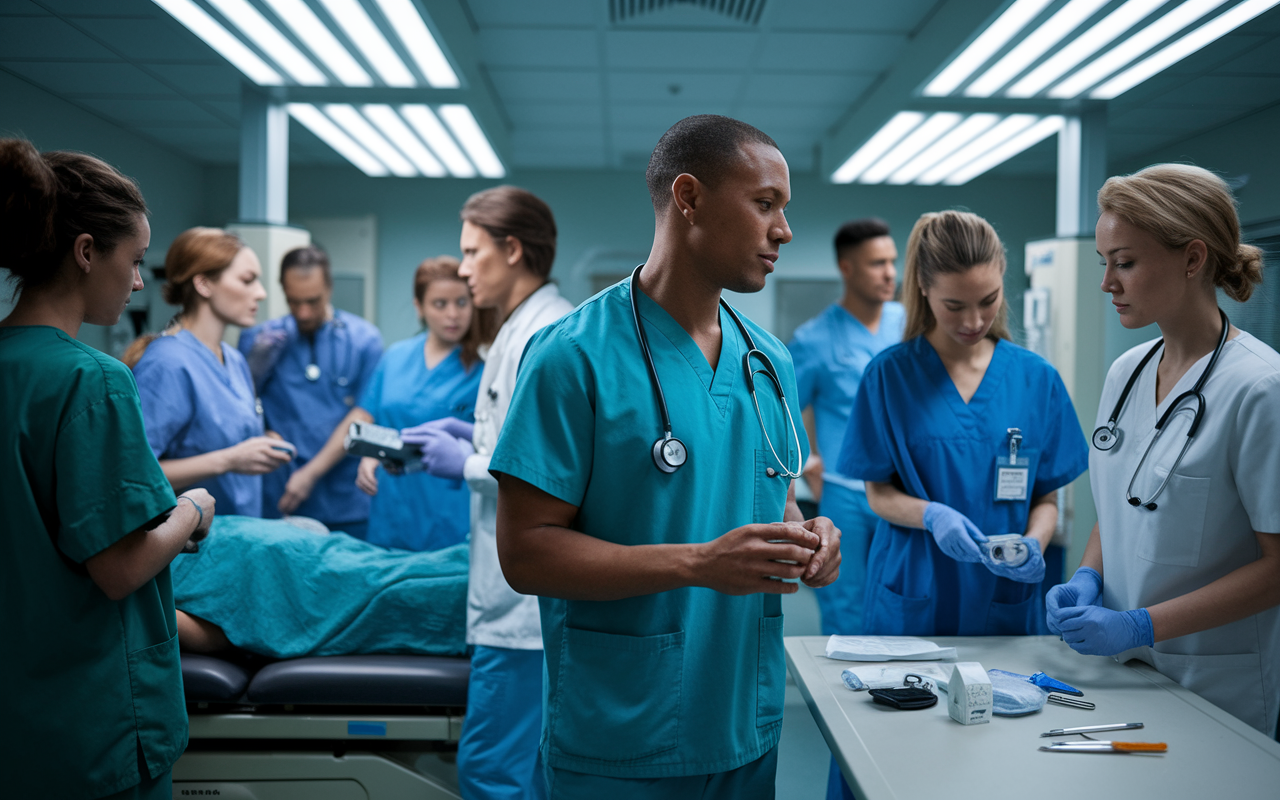 A diverse group of medical professionals engaged in various tasks in a busy hospital environment. The scene showcases a doctor in scrubs consulting with a patient in an examination room, while a nurse prepares medical instruments on a nearby table. Bright fluorescent lights illuminate the room, emphasizing the clinical atmosphere. The expressions on the professionals' faces reflect dedication and compassion, capturing the dynamic nature of patient care.