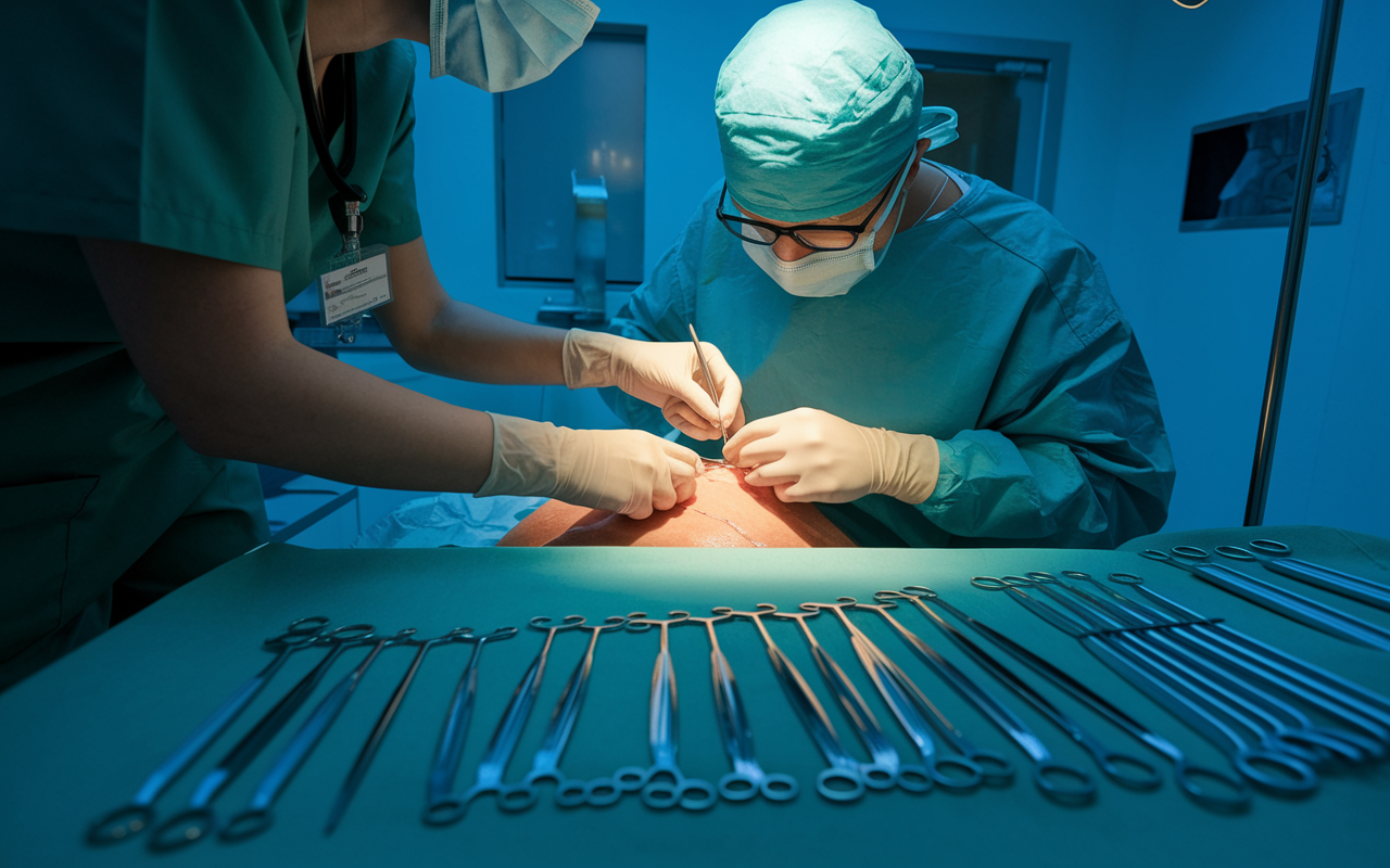 An immersive view into a clinical procedure, showing a healthcare professional carefully suturing a patient's wound. The scene captures the tension and precision involved, with medical instruments neatly organized on a sterile tray. The room is brightly lit, and a nurse assists by handing tools to the physician, reflecting teamwork in action. Emphasis on the details of the procedure and the concentration on the physician's face, highlighting the seriousness of the medical environment.