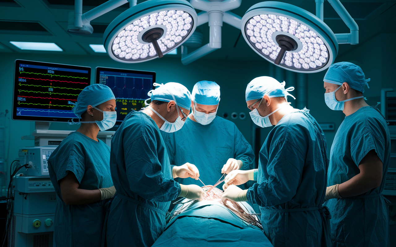 A dramatic view of a surgical team in the operating room, focused on a complex procedure. Surgeons in scrubs and masks are carefully conducting an operation, with monitors displaying vital signs in the background. Bright surgical lights illuminate the scene, highlighting the intensity and focus on the patients. The atmosphere is a mix of excitement and seriousness, reflecting the high-stakes environment of surgical medicine.