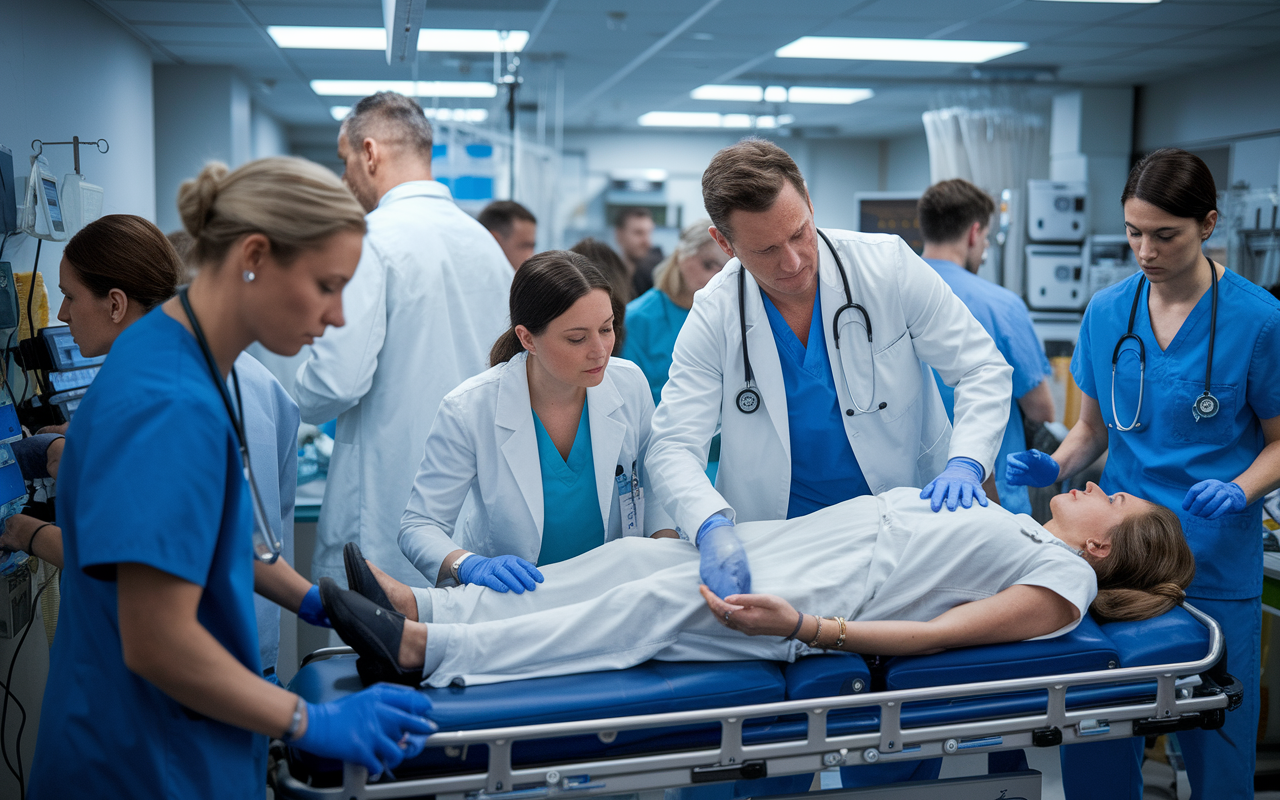 A bustling emergency room scene filled with doctors and nurses attending to multiple patients. An emergency physician is intently assessing a patient on a stretcher while another nurse manages medical equipment. The room is brightly lit, with urgent activity capturing the high-pressure environment of emergency medicine. The expressions of the healthcare team reveal focus and determination amidst the chaos.