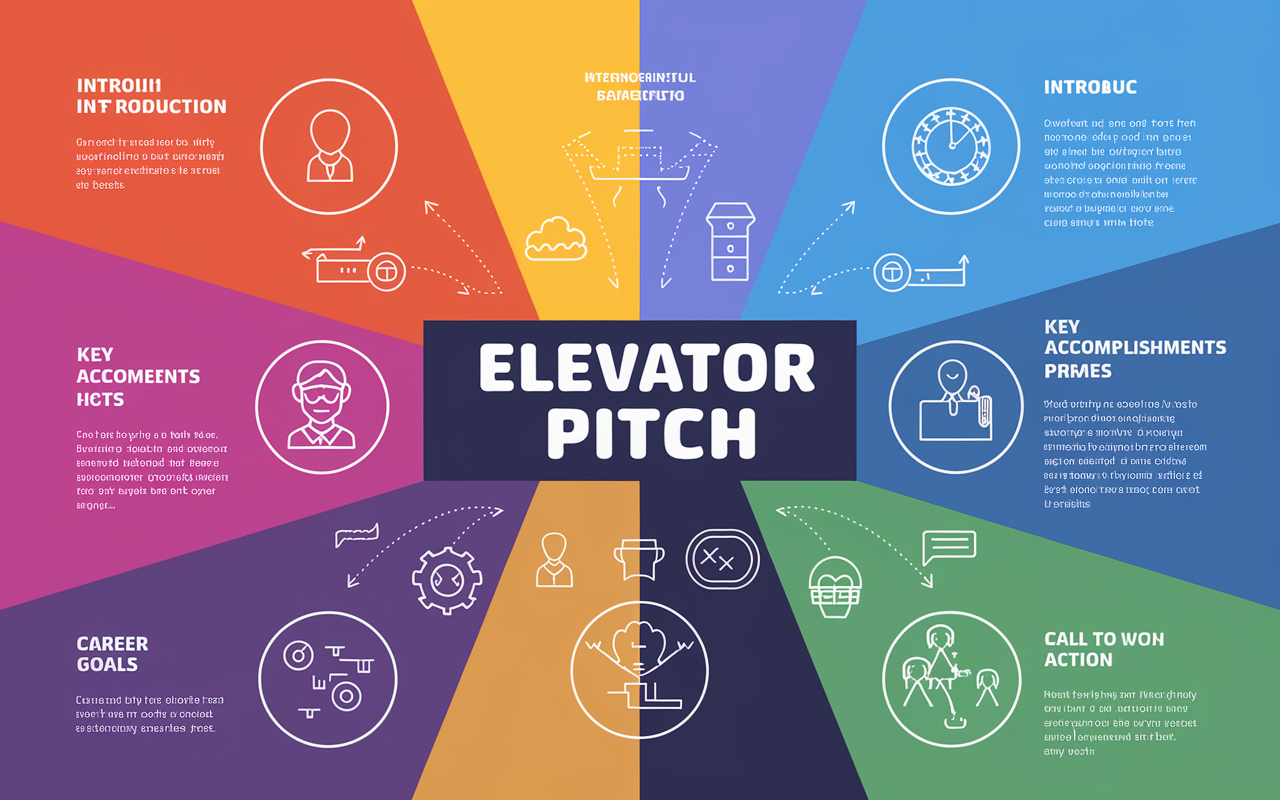 An infographic-style image illustrating the key components of an effective elevator pitch. Elements include a vibrant background with icons and bulleted texts for each part: Introduction, Background, Key Accomplishments, Career Goals, and Call to Action. Use bright colors and a clear layout that visually represents the concept of an elevator pitch in a dynamic and engaging way.