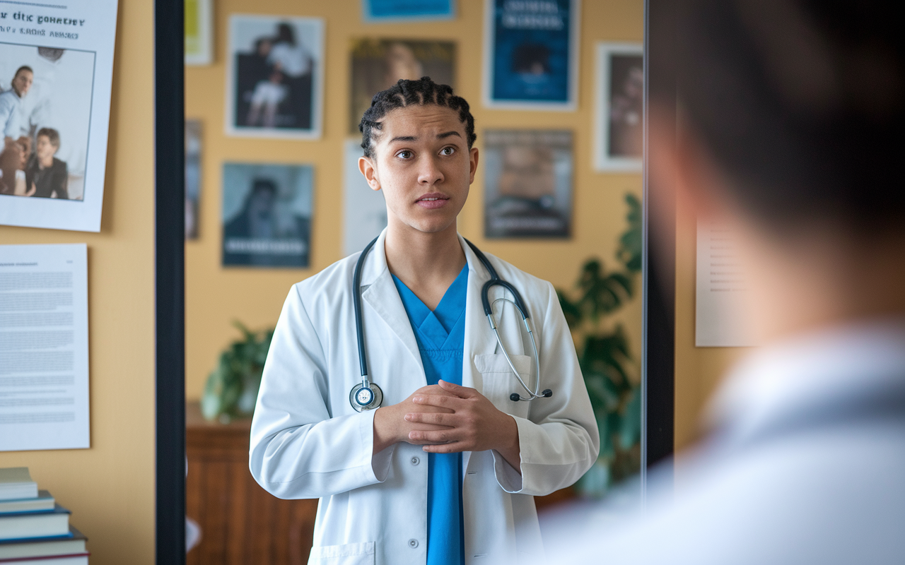 An image depicting a young medical student standing in front of a mirror, practicing their elevator pitch. The background is a cozy, warm-colored room filled with academic posters, books, and a sense of focused concentration. The student appears earnest and determined, with a hint of nervous excitement on their face as they rehearse their introduction.