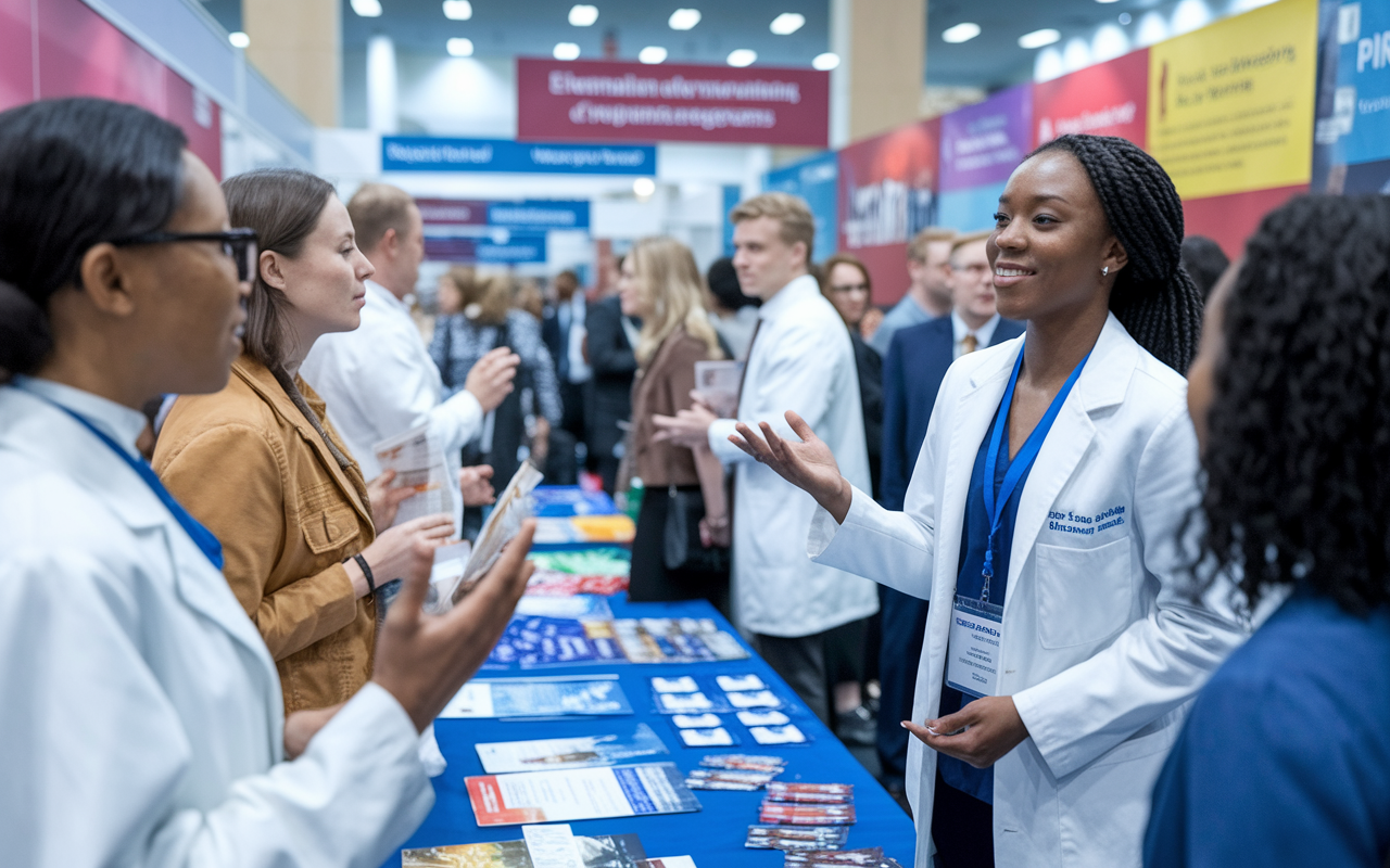 A dynamic scene at a residency fair with medical students engaging with program directors. The atmosphere is bustling, filled with booths showcasing various residency programs. A confident medical student is seen passionately delivering their elevator pitch to a program director, who looks intrigued. Brightly colored banners and informational materials fill the background, emphasizing the networking environment and the excitement of future opportunities.