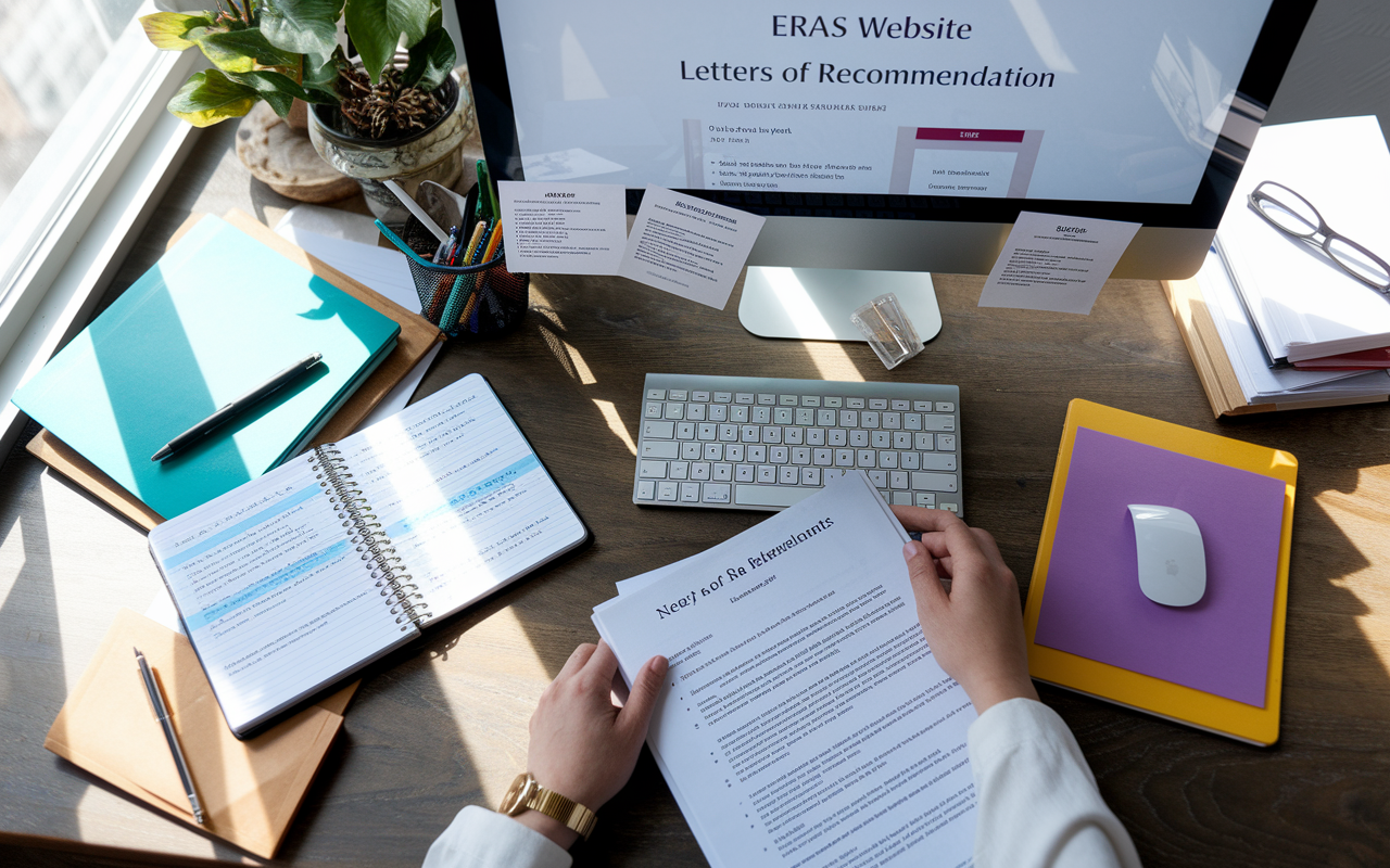 An organized desk cluttered with important application documents. Items include a computer displaying the ERAS website, an open notebook filled with notes, a CV with highlighted achievements, and a pile of letters of recommendation. Natural light filters in through a window, casting soft shadows over the scene, which evokes a sense of both urgency and determination. The image illustrates the various components essential for a successful residency application.