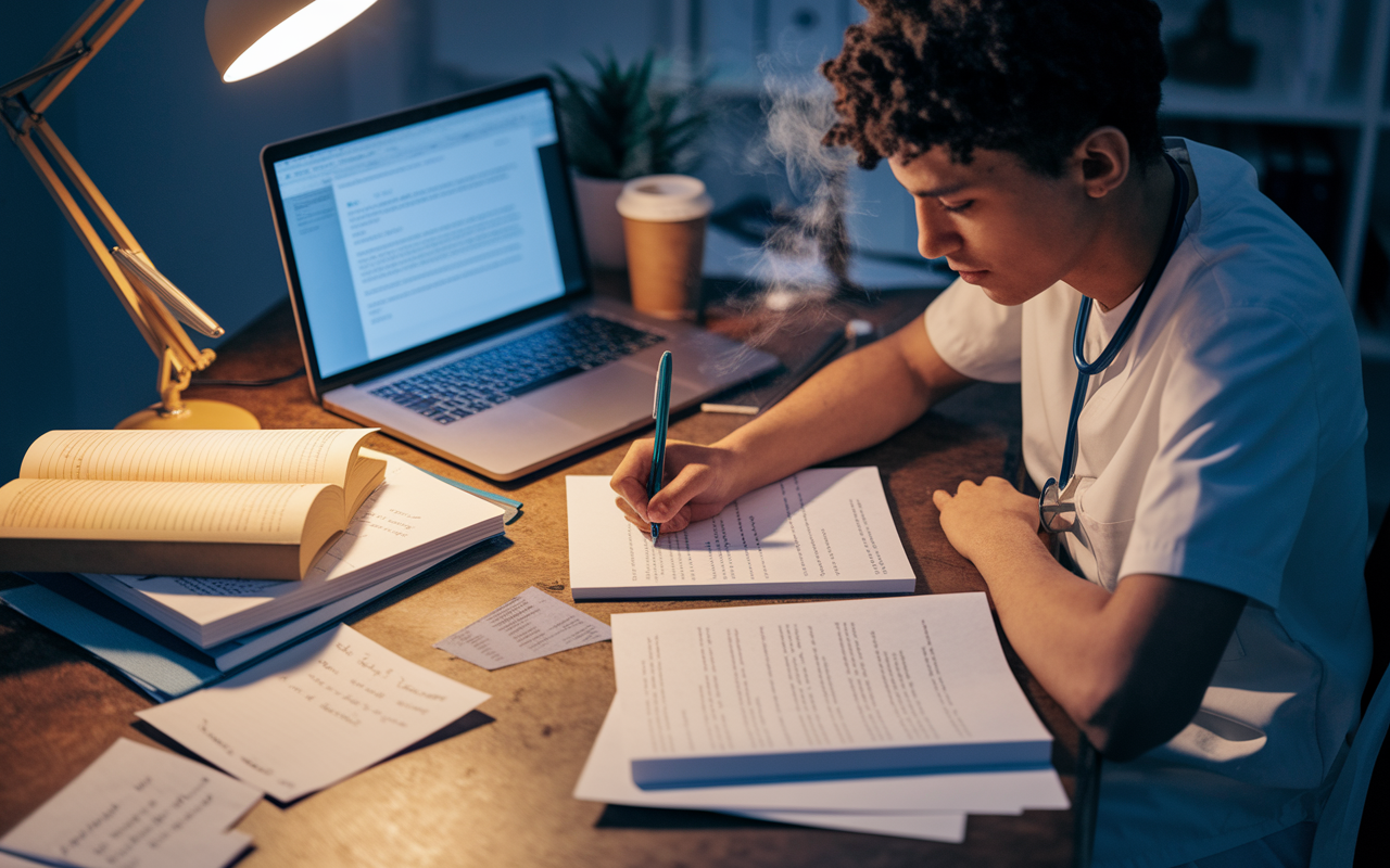 A focused medical student at a cluttered writing desk, deeply engaged in writing their personal statement. The desk is adorned with open medical books, a laptop displaying a draft, and a steaming cup of coffee. The warm glow of a desk lamp highlights the student's concentration and passion, creating an intimate atmosphere of determination and creativity. Pages with scribbled notes and feedback from peers are scattered around, emphasizing the reflective process of crafting a personal narrative.