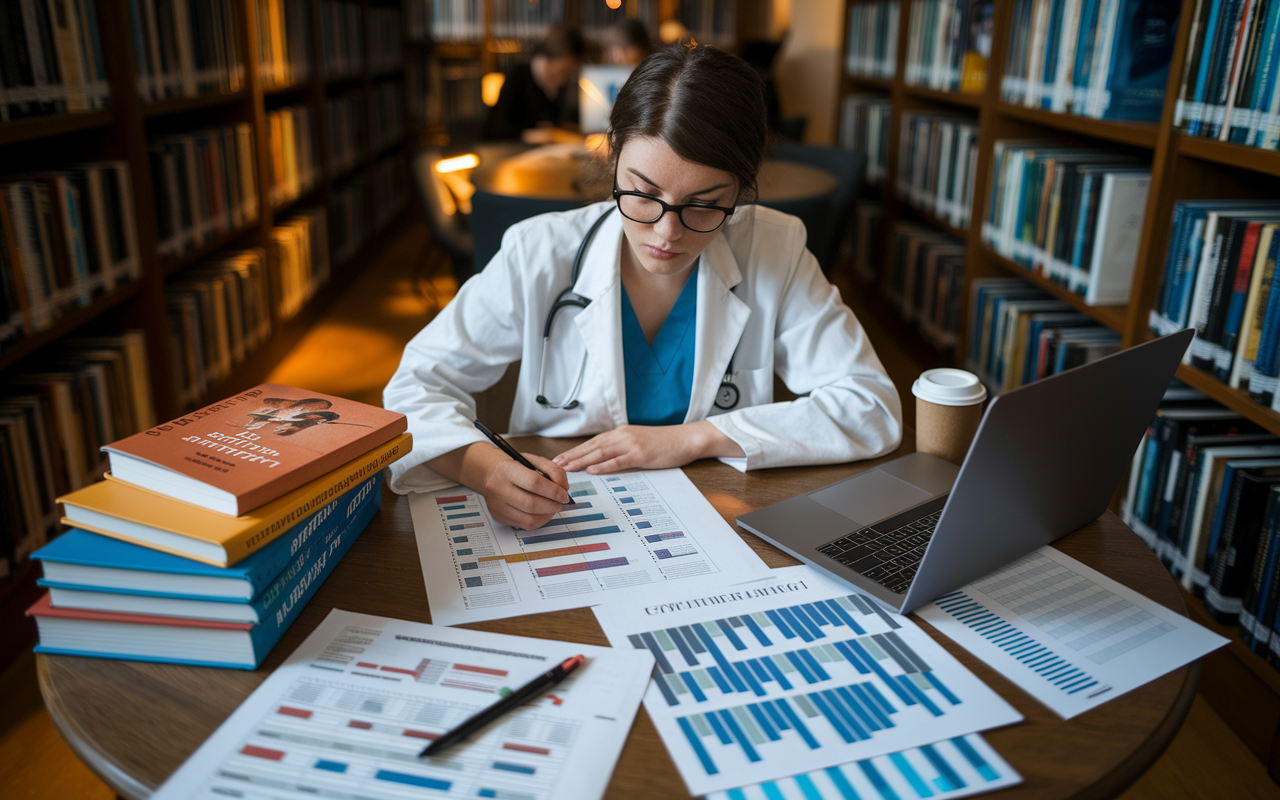 A medical student sits in a cozy library, surrounded by various resources including books on residency programs, printed reviews, and a laptop open to a comparison chart. The atmosphere is studious, with warm lighting casting a glow over the student's focused expression as they create a ranking list. The scene symbolizes the analysis and research involved in selecting the best residency programs, with a coffee cup and personal notes indicating dedication to making informed decisions.