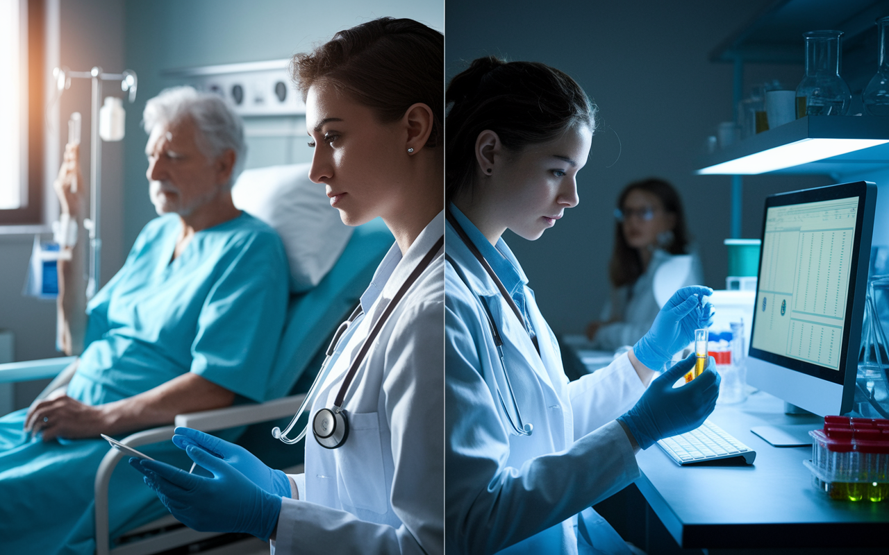 A medical student in a dual setting, half the scene shows the student in a clinical environment, compassionately speaking to an elderly patient in a hospital room adorned with medical equipment. The other half shows the student at a desk in a laboratory, examining test tubes and data on a computer screen, highlighting the duality of research and patient care. Natural light spills into the clinical setting while soft laboratory lighting casts a reflective glow, symbolizing the balance between hands-on care and analytical inquiry.