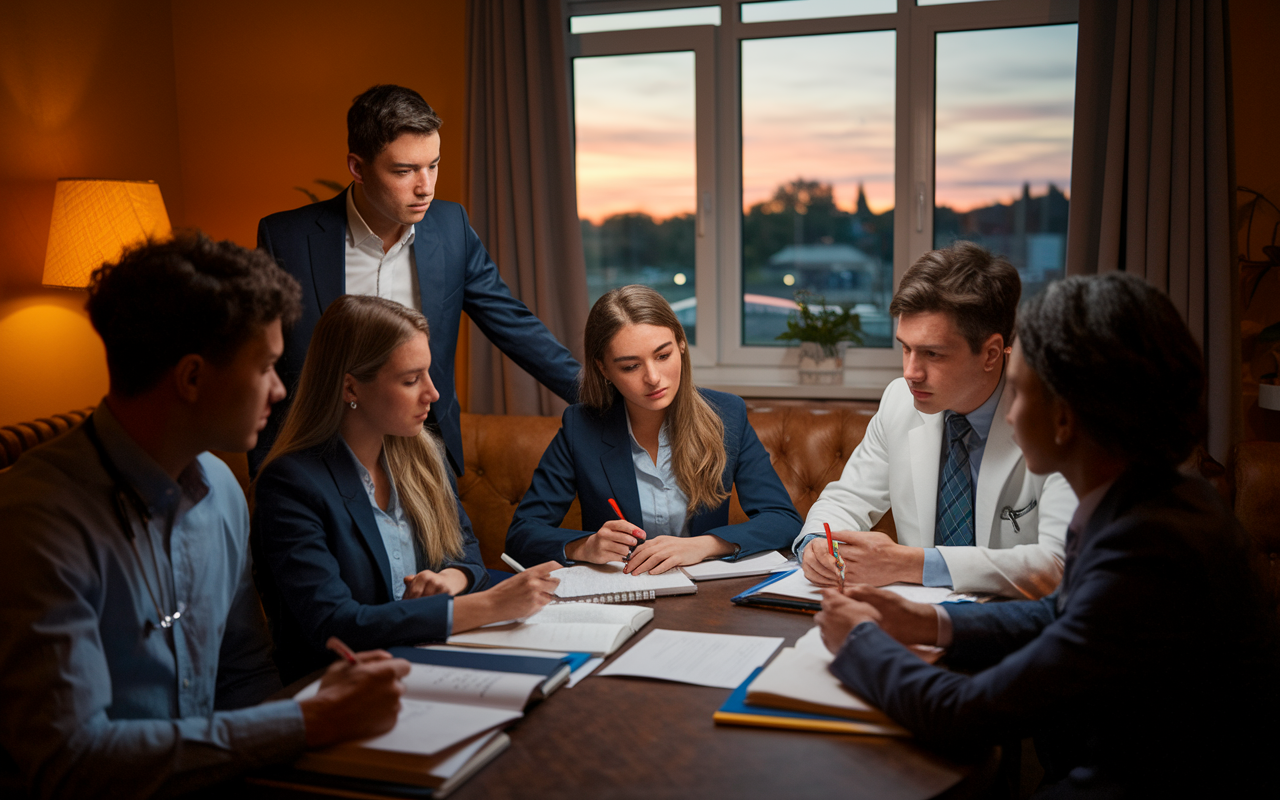 A group of young medical students preparing for residency interviews in a cozy study room. They are dressed in business casual attire, gathered around a table covered with notes and medical textbooks. The atmosphere is studious and supportive, with warm lighting illuminating their focused expressions. A large window shows a soft sunset, reflecting the end of a long day filled with preparation.