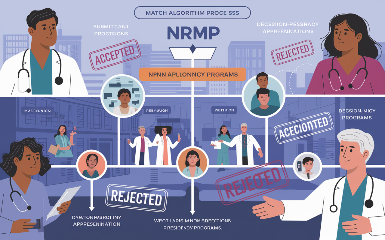 An illustration depicting the NRMP Match Algorithm process in action, showing a flowchart of applicants proposing to residency programs. Visualize medical students submitting their applications with a diverse range of emotional expressions - hope, apprehension, and determination. Include icons representing the decision-making process by residency programs with 'Accepted' and 'Rejected' stamps. The background should convey a bustling hospital environment, demonstrating the dynamic nature of residency applications.