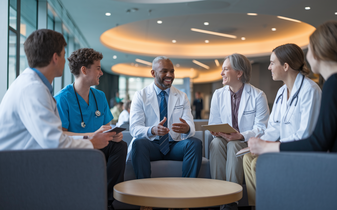 A mentoring session taking place in a modern medical school lounge, where experienced doctors are giving advice to a group of aspiring medical students. The atmosphere is warm and friendly, with students taking notes and asking questions. Soft ambient lighting enhances the collaborative environment, reflecting a commitment to guidance and support within the medical community.