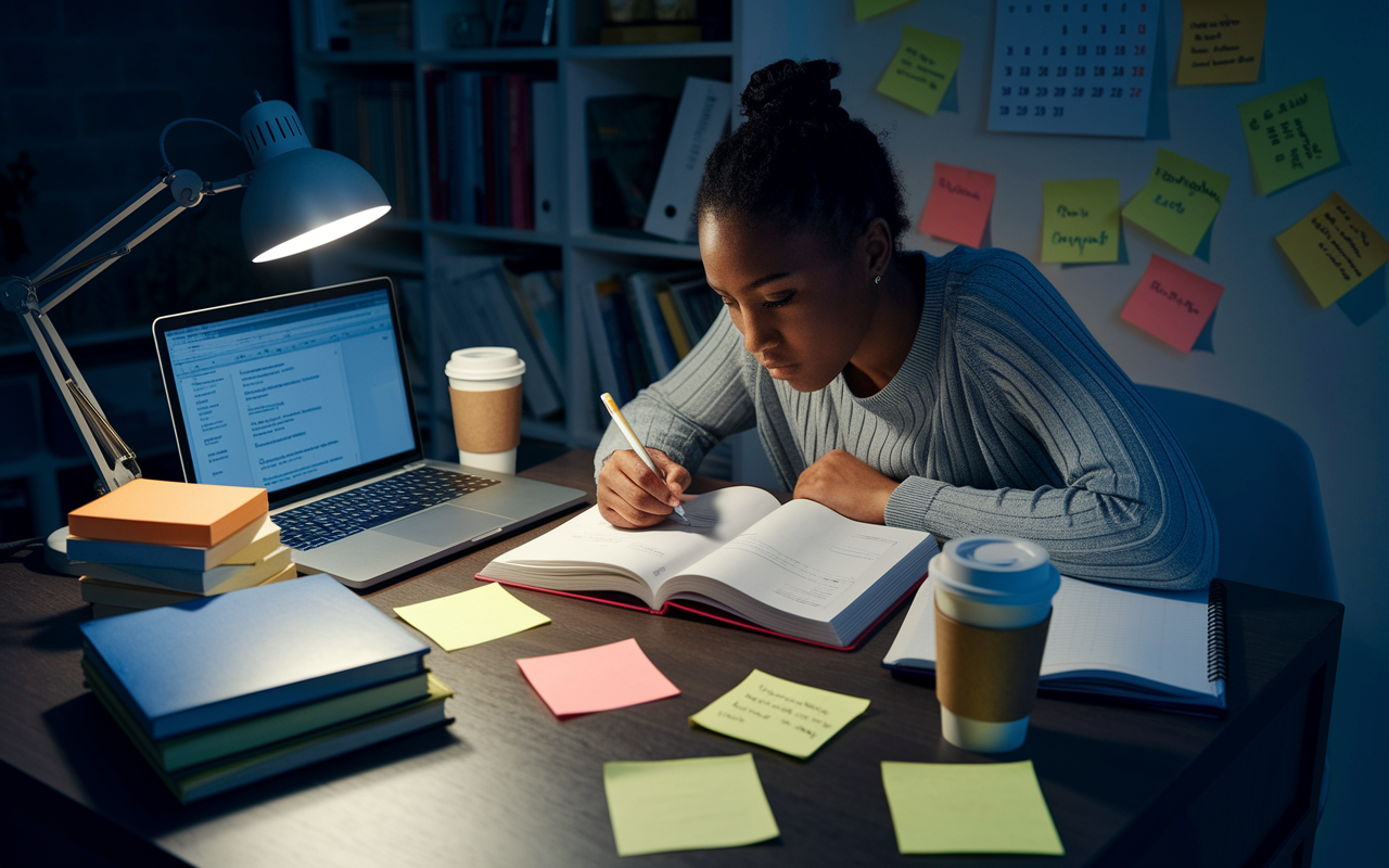 A focused IMG studying late at night in a well-organized study area with multiple textbooks, a laptop displaying USMLE practice questions, and sticky notes scattered around. The desk is illuminated by a warm desk lamp, casting soft shadows. A calendar on the wall marks important study dates. The IMG has a determined expression, surrounded by high-yield study materials and coffee cups, symbolizing dedication and hard work.