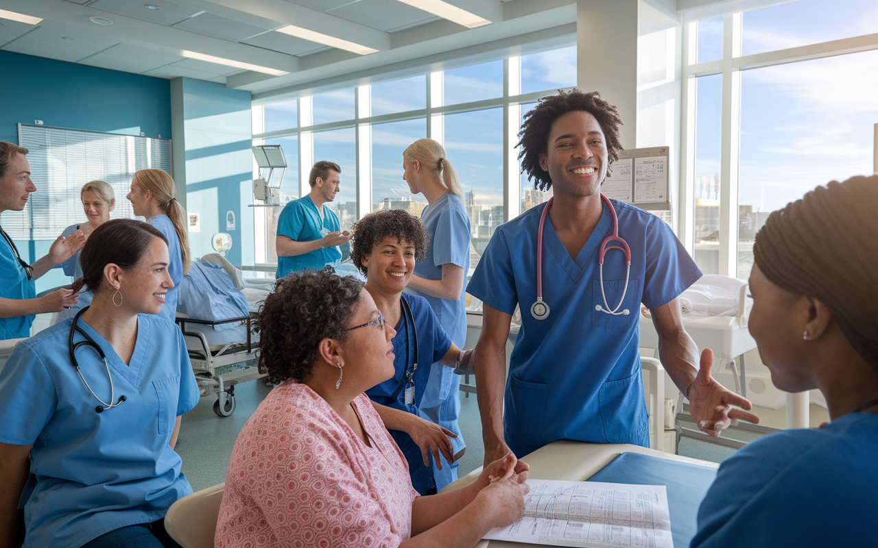 An IMG enthusiastically engaging with patients during a clinical rotation in a busy U.S. hospital. The scene shows the IMG interacting with patients and nurses in a bright, bustling ward, wearing scrubs and a stethoscope around their neck. The environment conveys learning and collaboration, with staff discussing cases and a chart on the wall displaying patient information. Natural light streams in through the windows, creating a dynamic and hopeful atmosphere.