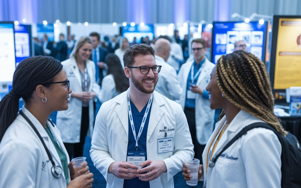 An IMG engaging in a networking session at a medical conference, conversing passionately with experienced physicians and fellow IMGs. The conference is filled with informative booths and lively discussions. The atmosphere is dynamic and encouraging, showcasing diverse attendees and a variety of medical posters displayed in the background. Soft lighting and an atmosphere of camaraderie emphasize the importance of mentorship and connections in medicine.