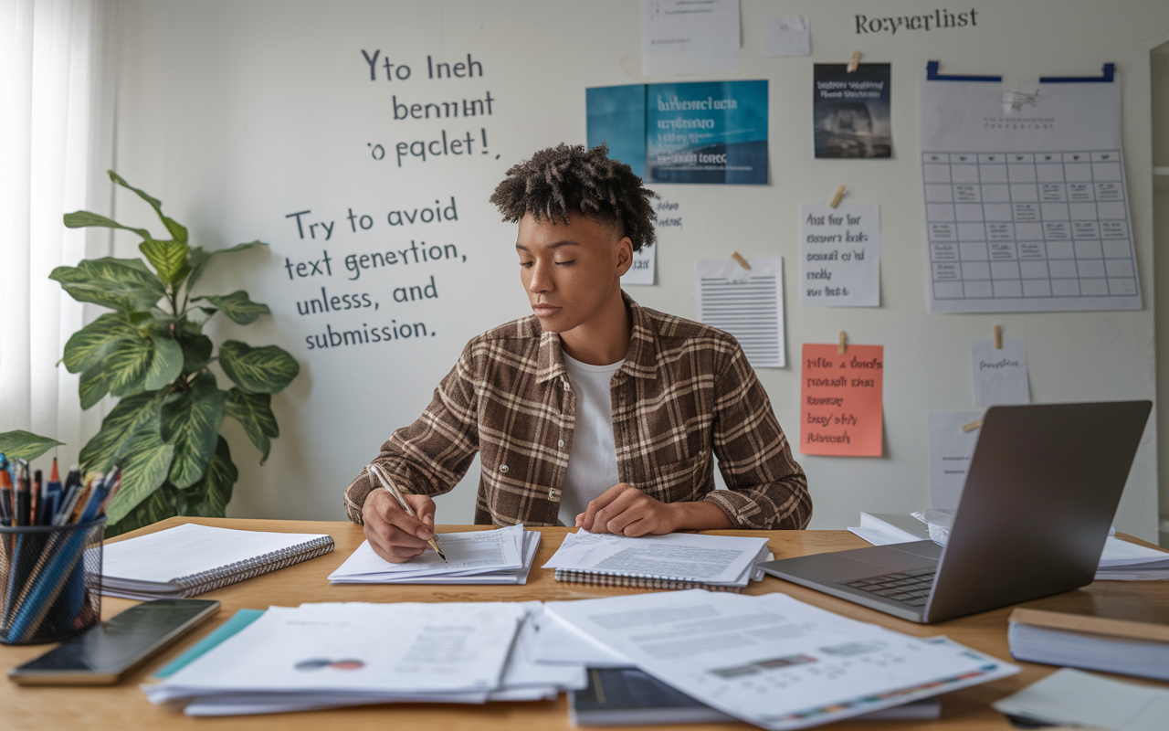 A focused IMG preparing residency applications at a desk cluttered with papers, notes, and a laptop open to an application platform. The room is brightly lit and organized, with motivational quotes on the wall. A calendar displays important deadlines and reminders for application submissions. The IMG looks determined, with a pen in hand, ready to finalize their application, showcasing commitment and ambition.