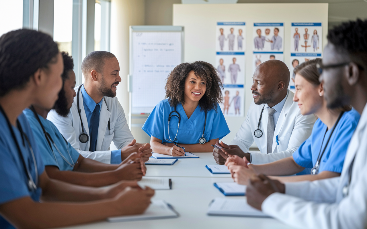 A diverse group of residents engaged in a collaborative team discussion during a clinical meeting. The setting is a bright conference room filled with natural light, with a whiteboard showcasing medical charts. Residents are communicating actively and taking notes, demonstrating teamwork and camaraderie. The expressions on their faces reflect enthusiasm and dedication to patient care, illustrating the importance of communication in a clinical setting.