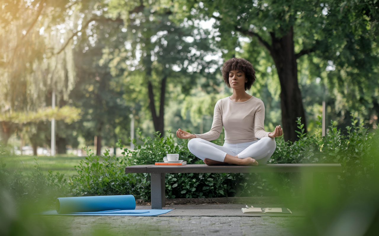 A serene scene of an IMG in a peaceful park setting, practicing mindfulness by meditating on a bench surrounded by lush greenery. The atmosphere conveys tranquility and self-care, with gentle sunlight filtering through the trees. Nearby, a yoga mat and a book on mental wellness are visible, representing the importance of mental health and wellness during the demanding residency journey.