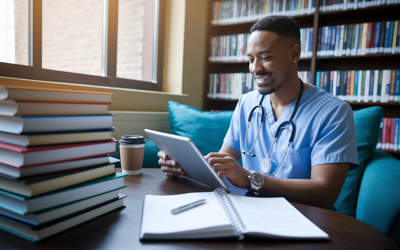 An IMG enthusiastically reviewing digital resources and medical literature on a tablet while studying in a cozy, well-lit corner of a library. The scene captures the essence of continuous learning, with stacks of medical books, a coffee cup, and a notebook filled with handwritten notes. The environment is inviting and academically stimulating, symbolizing the ongoing journey of education and skill development during residency.