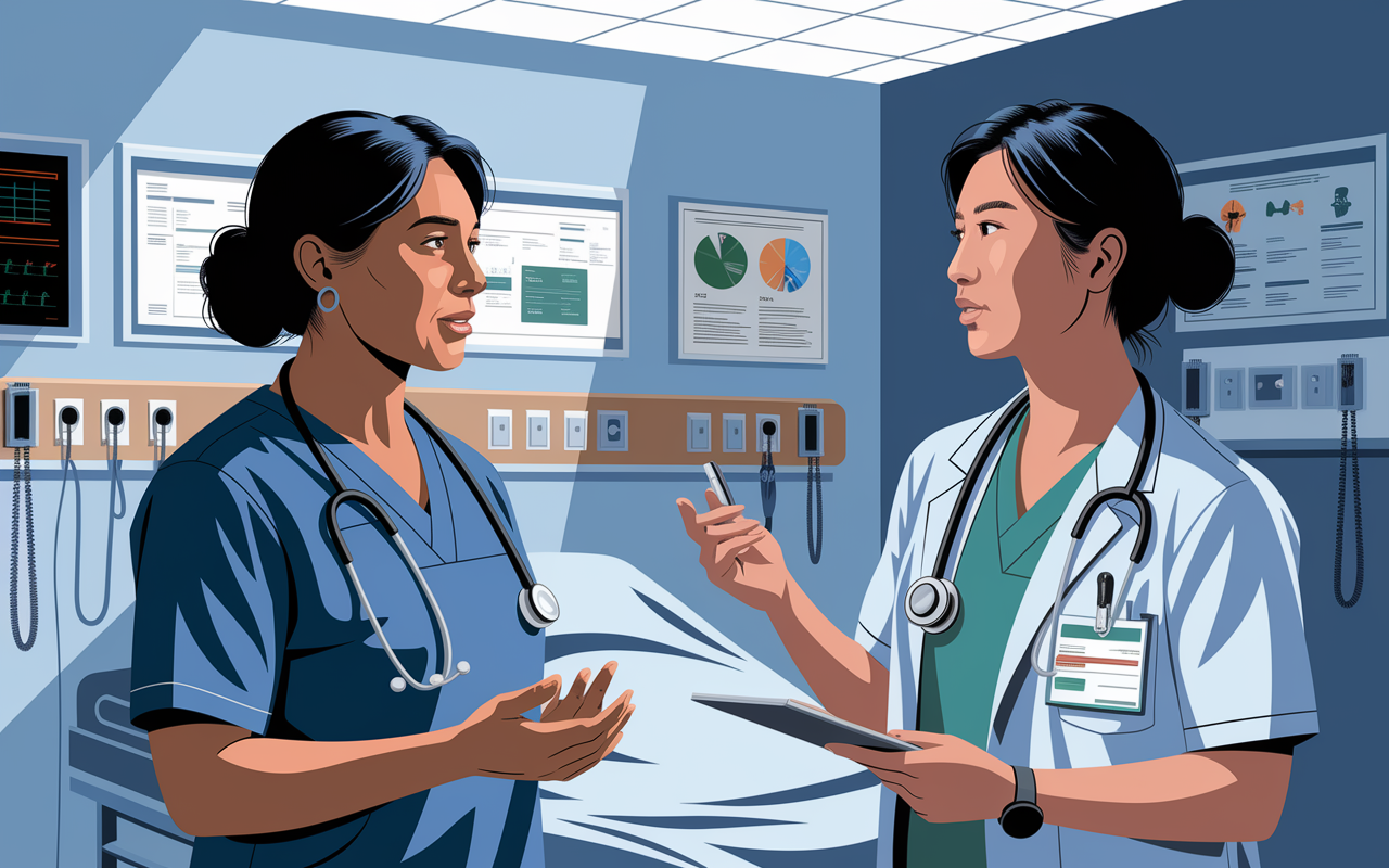 An illustration depicting two healthcare professionals from different cultures communicating in a hospital room. One is a middle-aged American nurse speaking directly, while a younger IMG from Asia is actively listening, taking notes. The room is equipped with modern medical tools and charts on the walls, demonstrating a blend of cultural elements. Soft overhead lighting emphasizes the engaged interaction, showcasing the importance of effective communication across cultures.