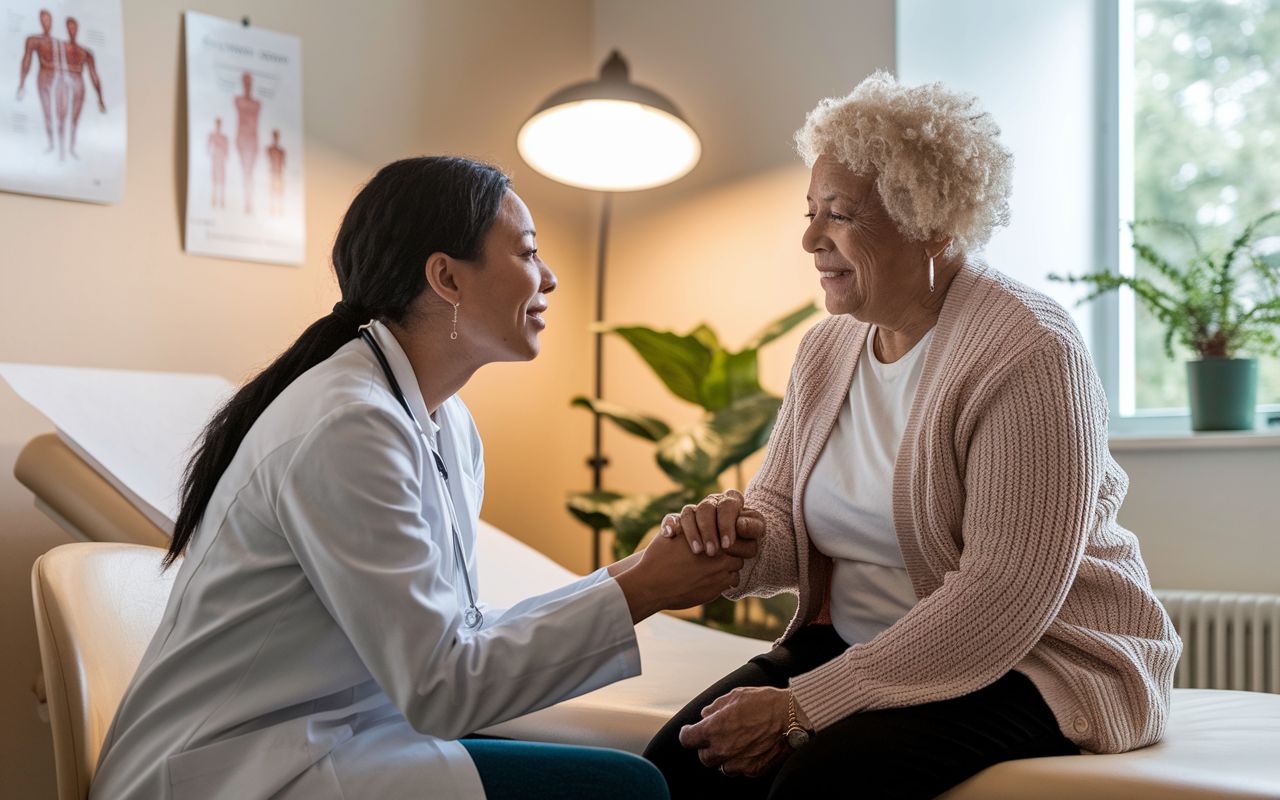 A warm scene of an IMG consulting with an elderly female patient in a well-lit examination room. The IMG, wearing a white coat, is kneeling beside the patient, attentively listening to her concerns while holding her hand reassuringly. Medical charts are displayed in the background, and a potted plant adds a touch of comfort. The natural light from a nearby window highlights the caring atmosphere, reflecting the importance of empathy in patient interactions.