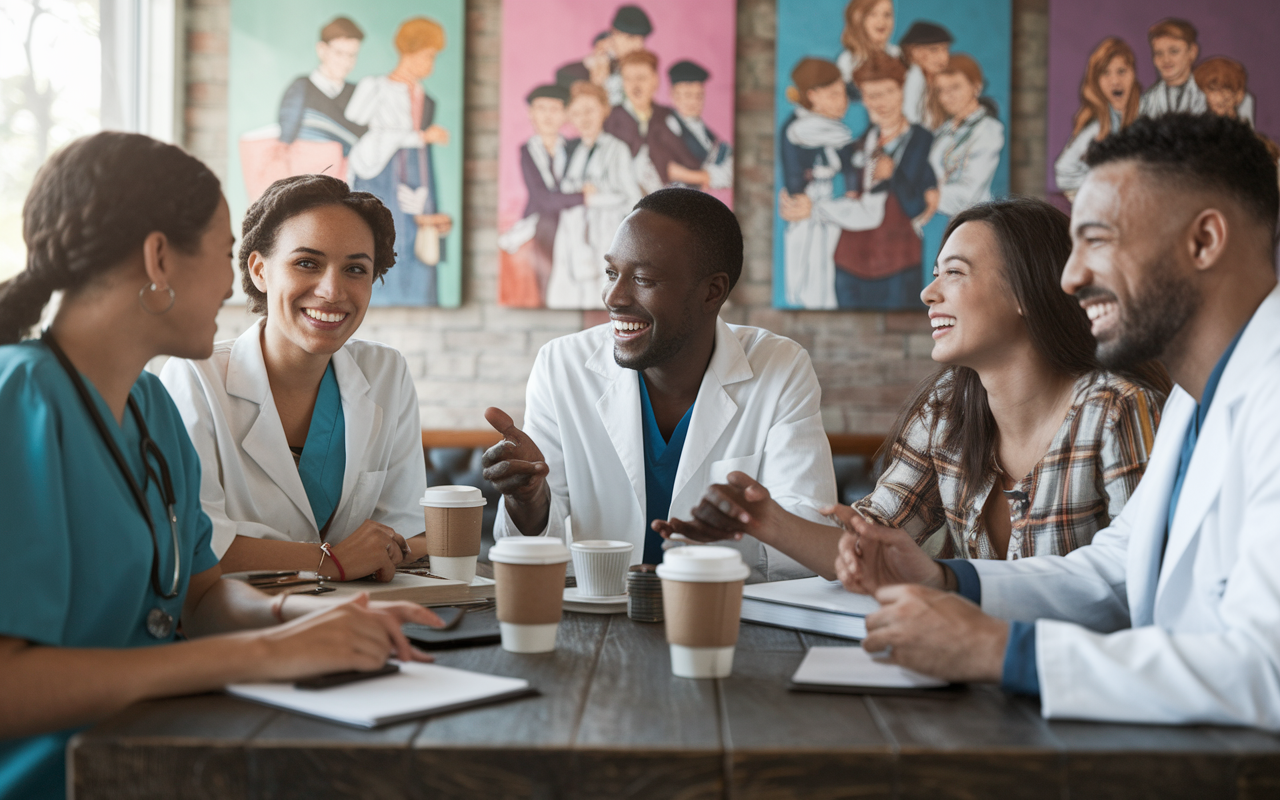 A heartwarming scene of a diverse group of international medical graduates (IMGs) at a coffee shop, laughing and sharing experiences. They are seated around a wooden table filled with coffee cups and medical textbooks. The ambiance is warm and inviting, with soft lighting and colorful artwork on the walls, illustrating the friendships formed in the challenges of medical training. This setting represents community and support among IMGs.