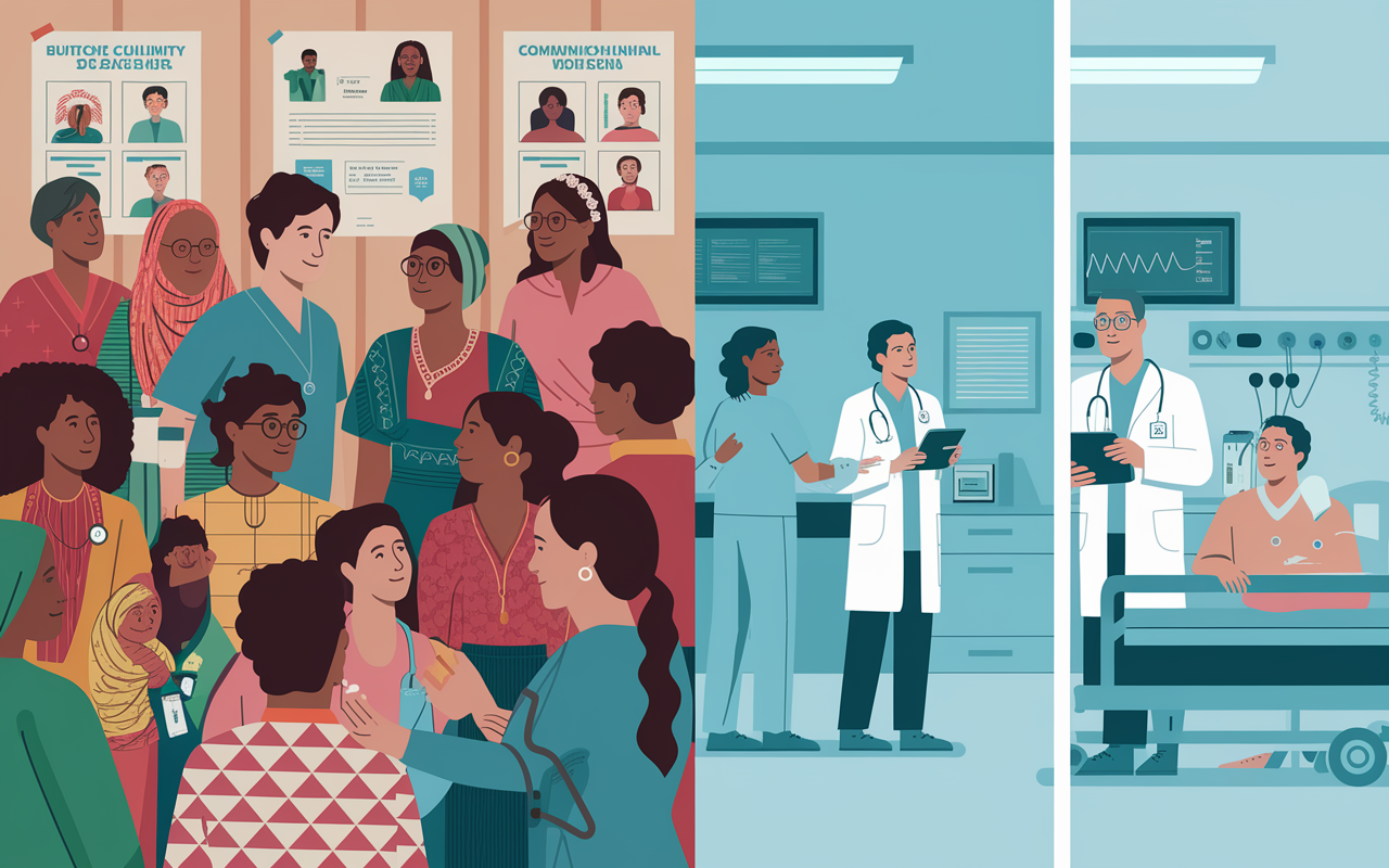 A split scene illustrating the cultural differences experienced by IMG residents. On the left, an IMG interacts with a culturally diverse group of patients, showcasing various traditional attire, in a community health setting with posters in multiple languages. On the right, a busy hospital ward where medical professionals are engaged actively, with doctors using digital tablets to communicate effectively. The contrasting environments highlight the importance of cultural adaptation within healthcare, bathed in soft clinical lighting to convey professionalism and warmth.