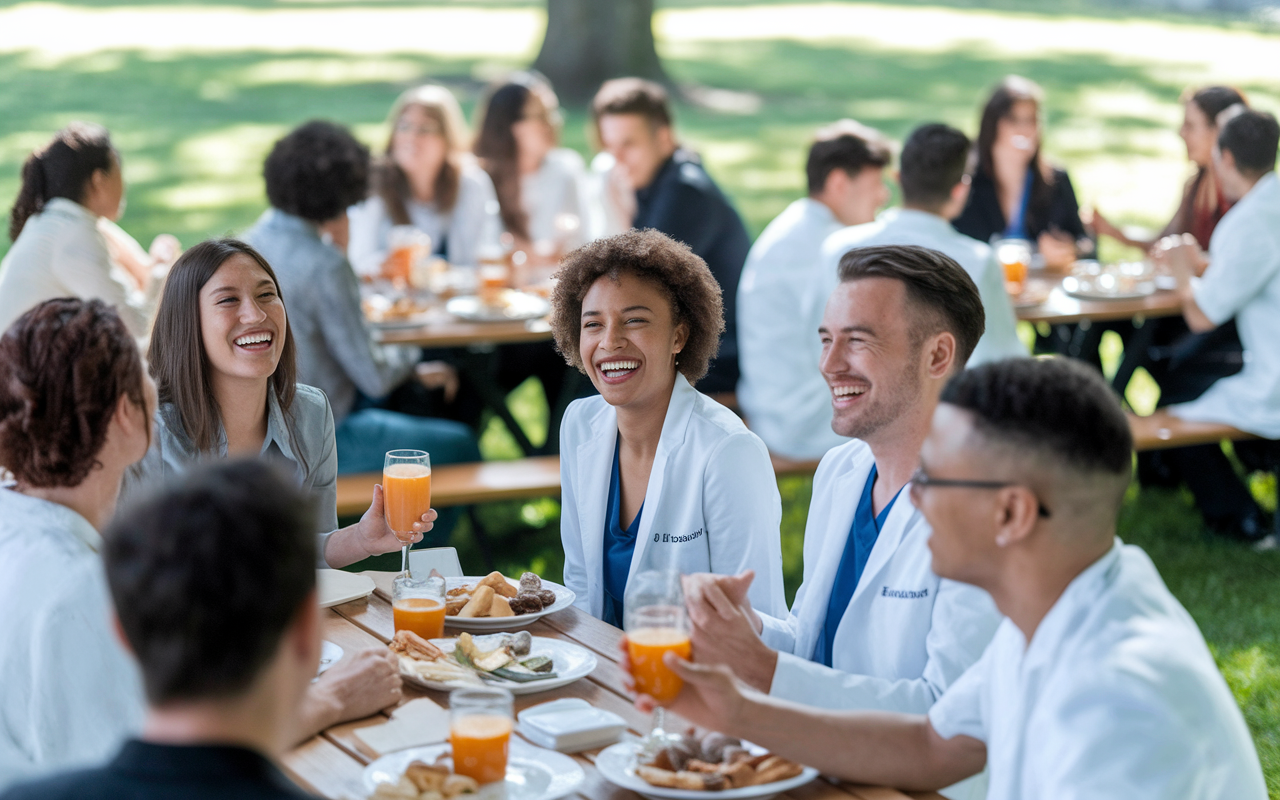 A vibrant outdoor setting where international medical graduates (IMGs) gather for a social event, laughing and sharing experiences. Diverse groups are seated at picnic tables adorned with snacks, with a backdrop of a sunny park, symbolizing unity and support. An atmosphere of camaraderie and celebration is evident through joyful expressions and engaged conversations. Bright, natural lighting enhances the scene, emphasizing the importance of social connections in a challenging residency environment.