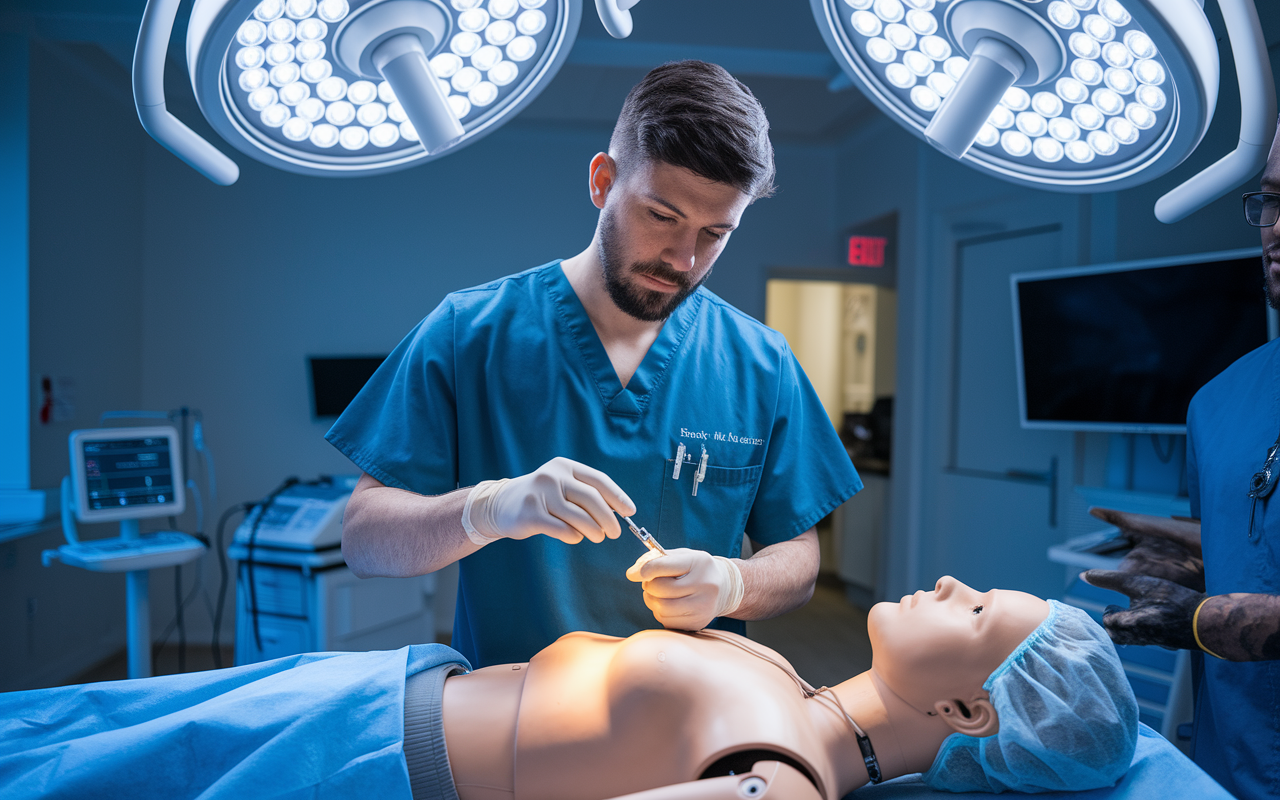 A young IMG resident in a simulation lab, intently practicing a clinical procedure on a lifelike mannequin. The lab is equipped with modern medical devices and tools, creating a realistic learning environment. The resident, focused and determined, showcases effort in mastering procedural skills under the watchful eyes of an experienced instructor nearby. Bright overhead lights illuminate the scene, creating an atmosphere of diligent training and advancement.