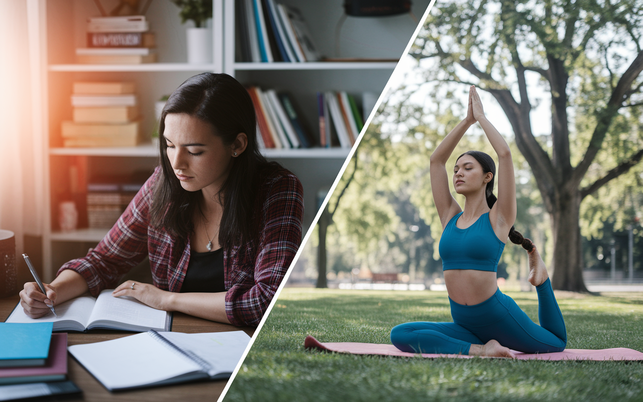 A montage showcasing Maria, an international medical graduate, navigating her first year of residency. The left side depicts her studying diligently in a cozy, organized study space with textbooks and notes surrounding her. The right side shows her engaging in a yoga session in a peaceful park setting, symbolizing self-care and stress management. Split lighting incorporates a warm glow, reflecting resilience and determination in the journey of an IMG resident.