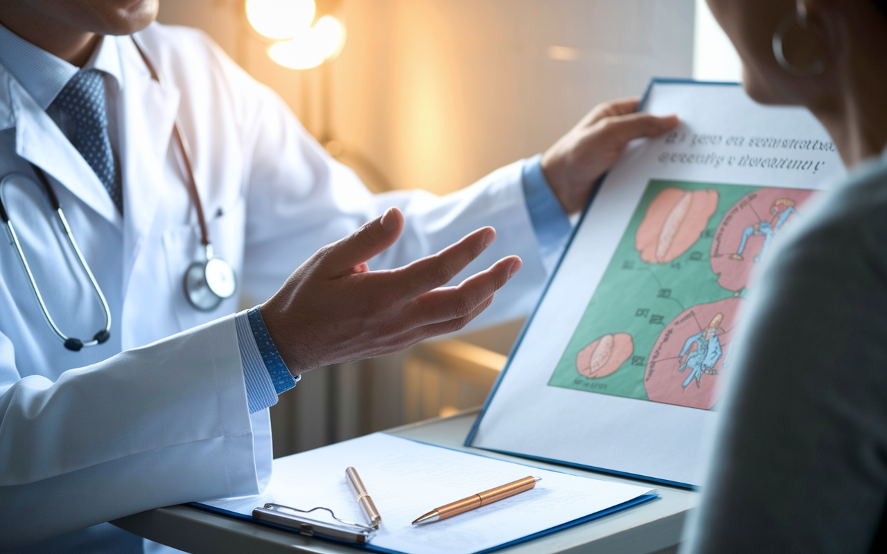 A close-up scene showing a doctor explaining a medical diagram to a patient in an examination room. The doctor, wearing a white coat, gestures towards a colorful chart with medical illustrations while the patient listens attentively, displaying understanding. The room is well-lit and warm, creating an inviting atmosphere that fosters open communication.