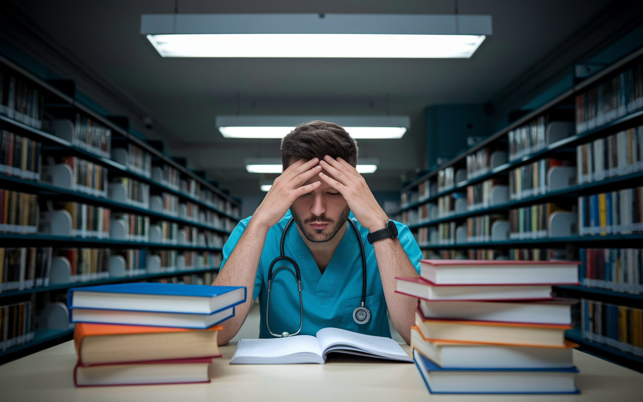 An IMG in a hospital library, surrounded by medical books and notes, looking overwhelmed while trying to comprehend complex medical terminology in English. The lighting is slightly dim, with a single overhead light illuminating the study area, emphasizing the challenge of mastering medical language in a new environment.