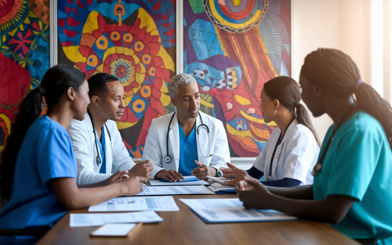 A diverse healthcare team discussing a patient's care plan in a conference room with vibrant cultural artwork on the walls. The scene features healthcare professionals from various backgrounds engaged in a respectful dialogue, with documents and charts spread out on the table. Warm, natural lighting creates a collaborative and inclusive atmosphere.