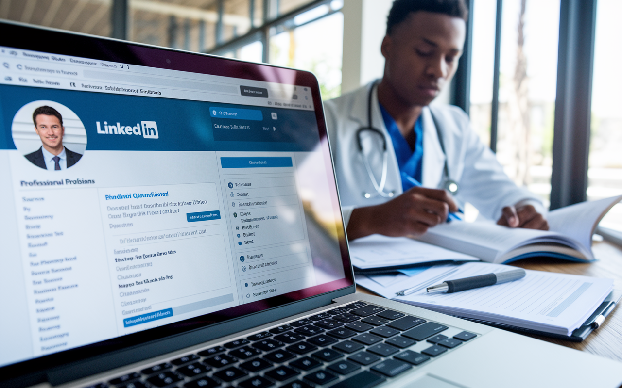 A close-up of a laptop screen displaying an engaging LinkedIn profile of a medical professional. The screen shows a polished summary, a professional photo, and well-organized sections highlighting qualifications and experience. In the background, a young, diverse IMG works thoughtfully, brainstorming ideas for LinkedIn posts, surrounded by medical books and notes, conveying determination and focus.