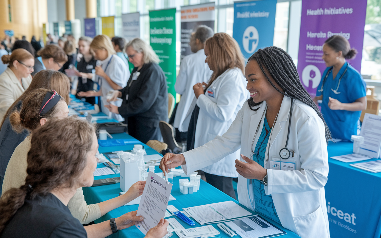 A bustling community health fair scene with diverse healthcare professionals providing free screenings and consultations. Various booths are set up with banners for health initiatives. A young IMG is actively engaging with attendees, offering medical advice and showing empathy. Bright colors and a warm, welcoming atmosphere create a sense of community and support among professionals and participants.