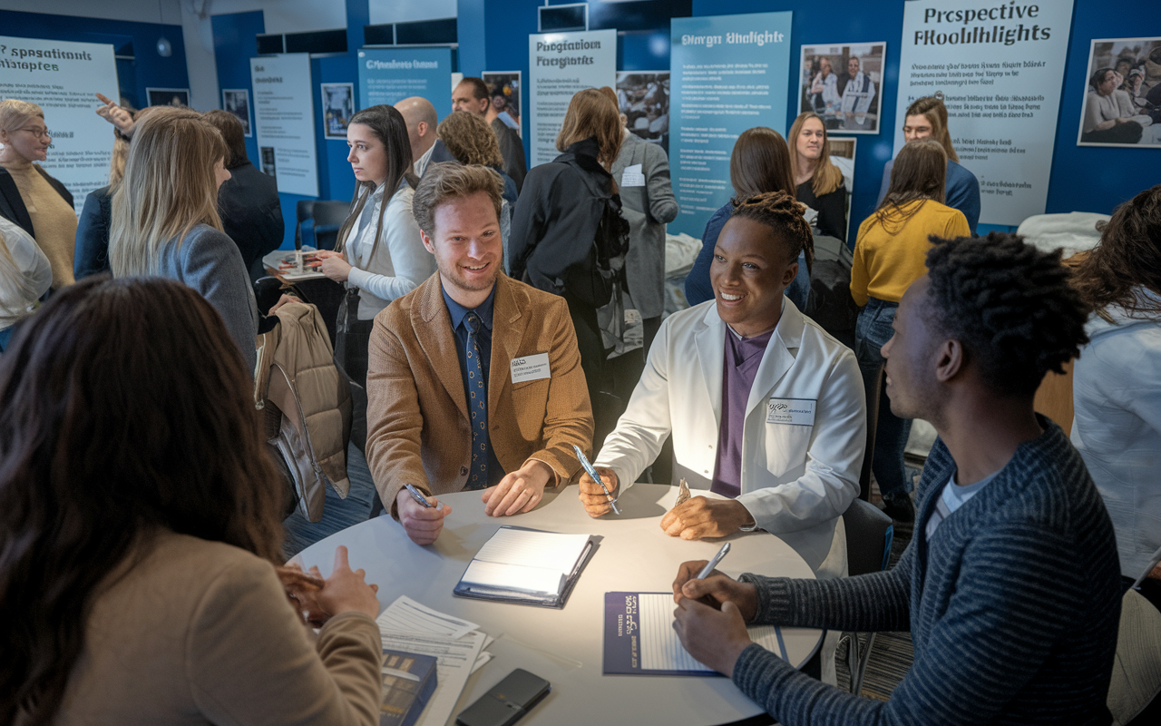 A lively open house event at a medical residency program with current residents speaking with prospective IMGs. The room is decorated with educational posters and program highlights. Attendees are engaged in discussions, asking questions, and taking notes. A spotlight effect illuminates a group engaged in an animated conversation, with expressions of hope and curiosity.