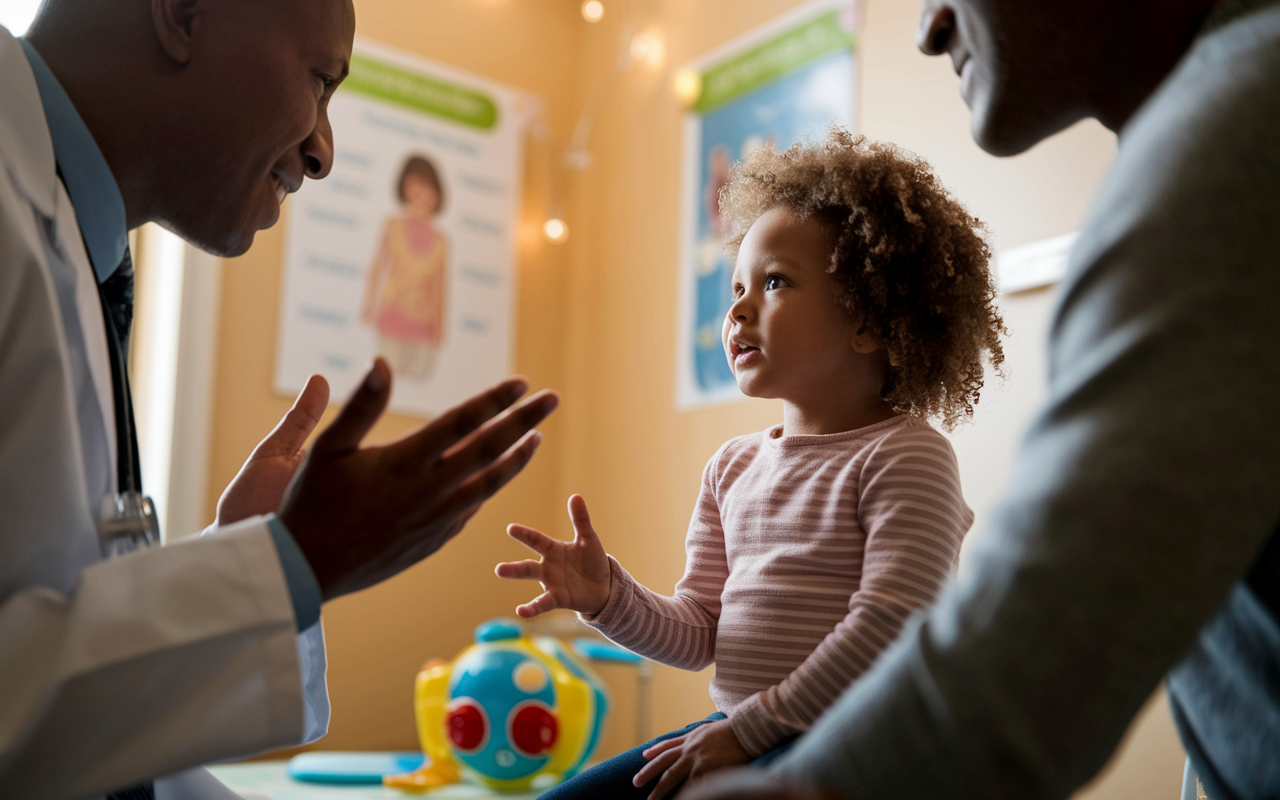 A close-up view of a physician discussing treatment options with a young patient and their parent in a warm, inviting examination room. The physician is sitting at eye level with the child, using gestures to explain the procedure. The lighting is soft and warm, creating an atmosphere of trust and empathy. Educational posters can be seen on the walls, along with a colorful medical-themed toy nearby.