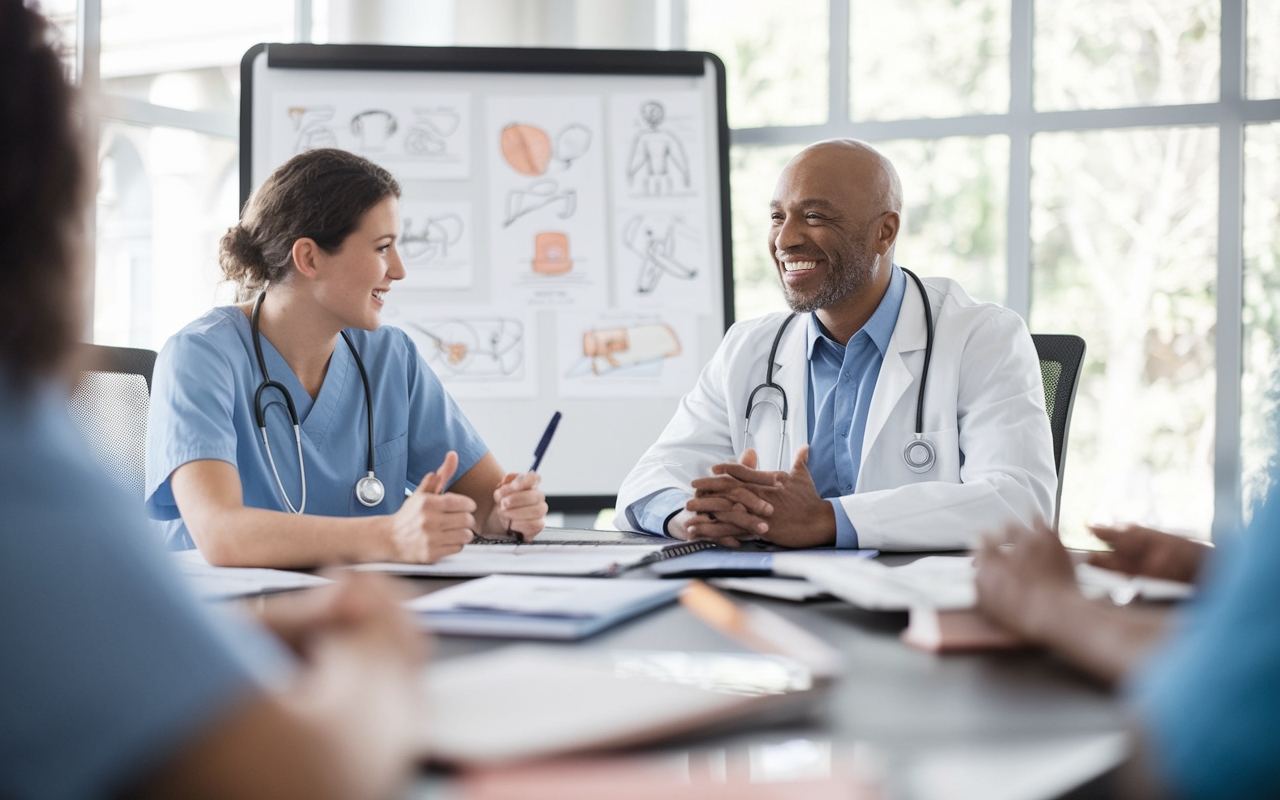 A scene in a bright conference room where a young medical professional is engaged in a discussion with a mentor. Both are animated, surrounded by medical books and a whiteboard filled with diagrams. The atmosphere is collaborative, emphasizing the importance of mentorship in medical education. Natural light pours in from large windows, adding warmth to the academic setting.