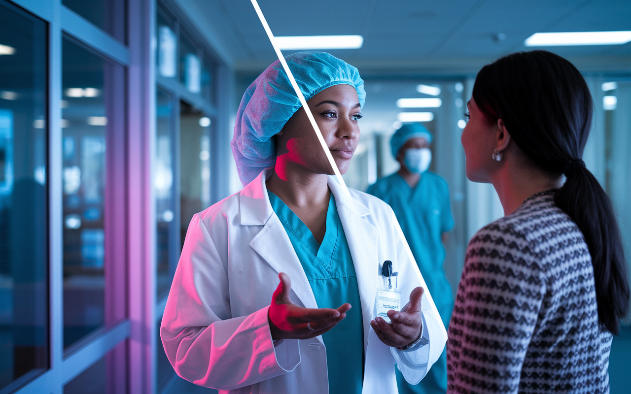 A split-screen scene within a hospital where a foreign medical graduate interacts with a patient, displaying a mix of cultural elements and medical practices. On one side, the IMG confidently communicates with the patient, using gestures and visual aids, while the other side shows a traditional patient-doctor interaction in the U.S. setting. Vibrant colors and soft lighting convey an atmosphere of connection and understanding, highlighting the blend of cultures in healthcare.