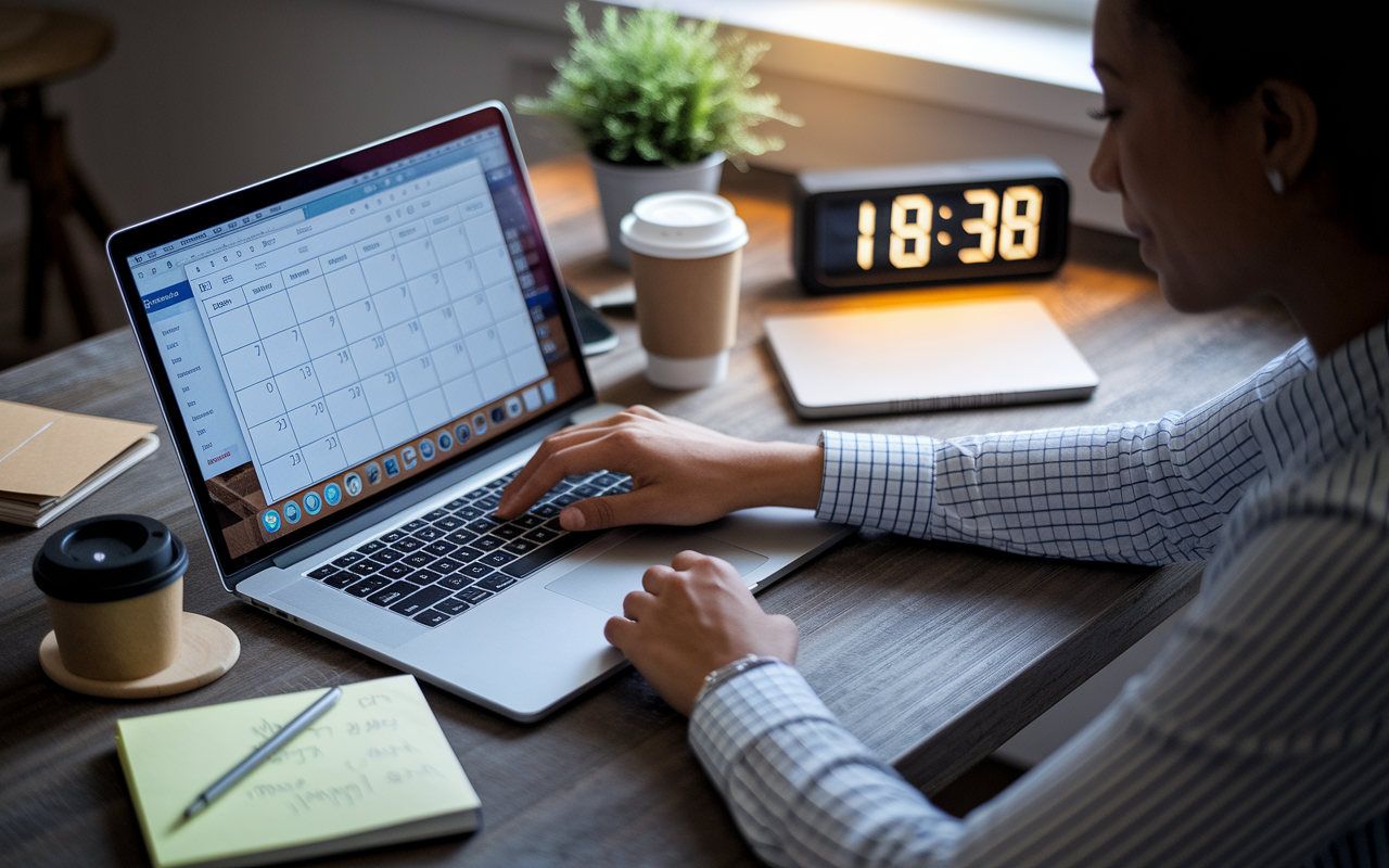 An IMG resident sitting at a desk with a laptop open, creating a clear schedule on a calendar app. The desk is organized with notes, a coffee cup, and a clock showing evening hours, emphasizing their effort to establish work-life boundaries. Soft desk lighting creates a warm, focused atmosphere, illustrating the importance of personal time amidst a busy workspace.