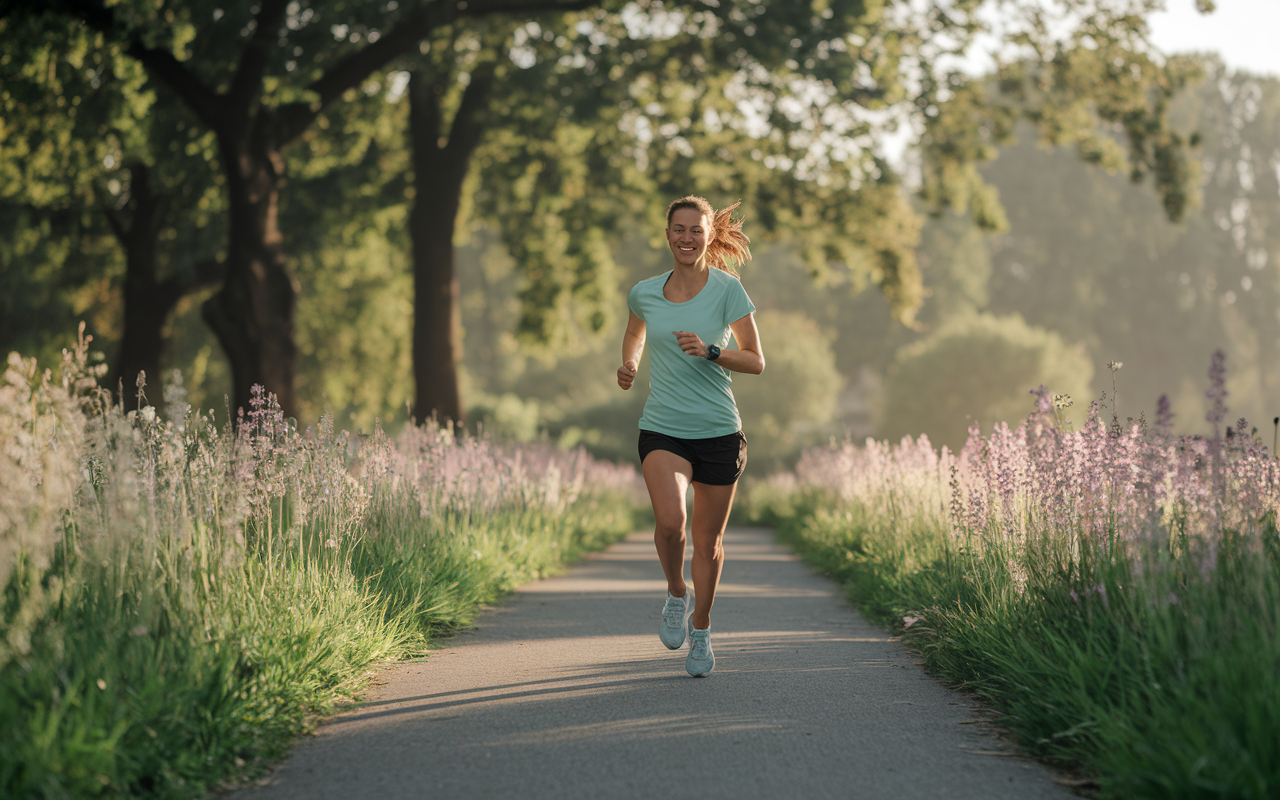 A serene park setting where an IMG runs along a picturesque path surrounded by blooming flowers and lush greenery. The runner has an expression of joy and determination, radiating the positive effects of exercise on mental health. The morning sun casts a golden hue over the scene, enhancing the uplifting atmosphere of well-being.