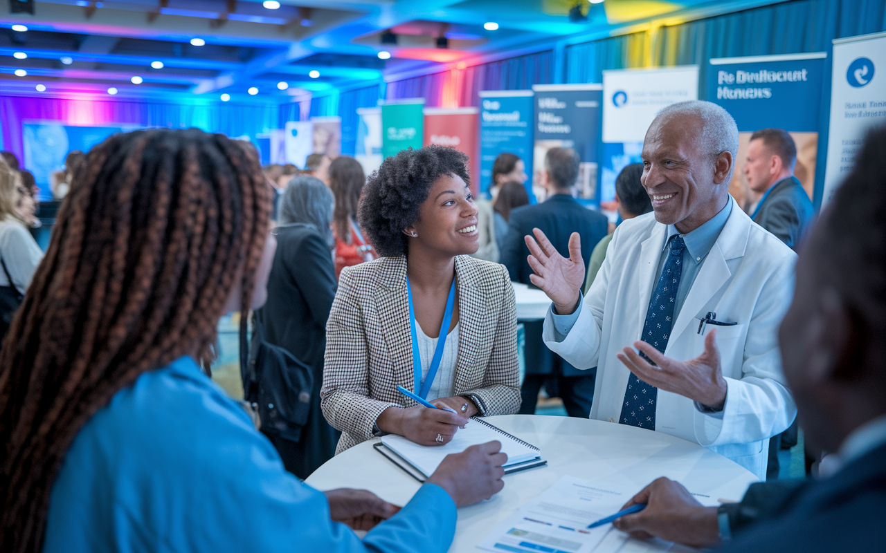 A vibrant networking event scene set in a professional conference hall filled with attendees. The foreground shows an enthusiastic young IMG conversing with a seasoned physician mentor. The mentor is gesturing expressively while the IMG takes notes on a notepad, surrounded by banners from medical organizations and groups. The background includes other IMGs engaging with different mentors, conveying the energy of professional networking and collaboration. Dynamic lighting and a colorful atmosphere highlight the diversity and vitality of the medical community.