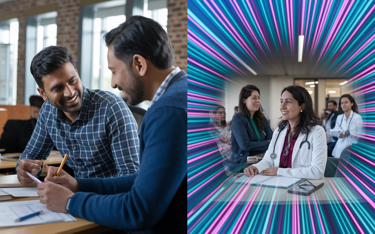 A split-screen portrayal of two inspiring mentorship stories. On the left, Sanjay, an IMG from India, is shown in a casual meeting with his mentor, reviewing his personal statement in a cozy office setting. Both are smiling, highlighting a moment of achievement. On the right, Fatima, an IMG from Pakistan, is depicted at a medical conference with her OB/GYN mentor, surrounded by medical equipment and fellow attendees. The environments are dynamic and filled with bright colors, representing hope, achievement, and the journey of connection through mentorship.