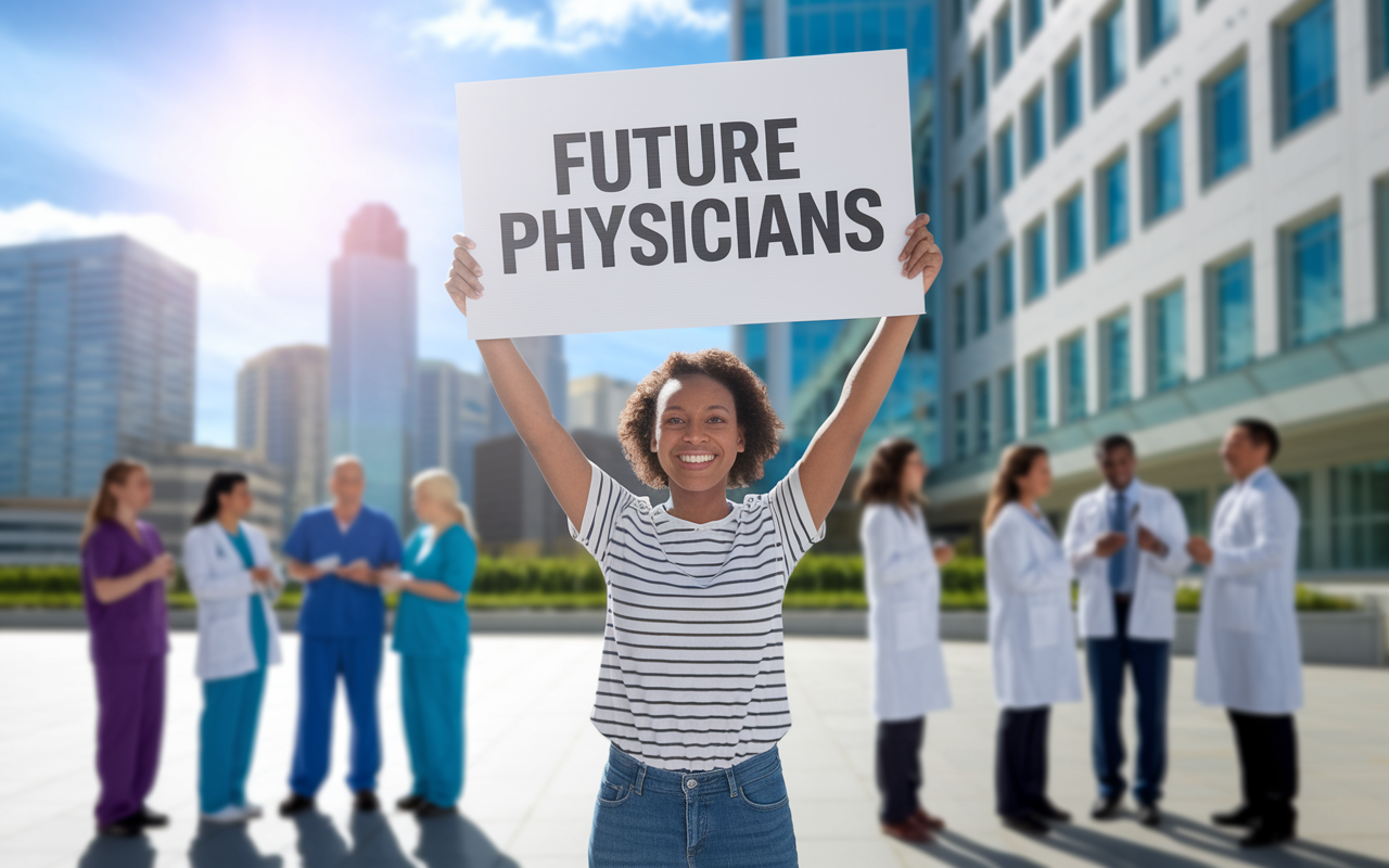 A hopeful, empowering image of an IMG standing confidently in front of a hospital building, holding a 'Future Physicians' sign. The skyline reflects a bright, sunny day, symbolizing endless possibilities. In the background, groups of medical professionals from diverse backgrounds are engaged in friendly conversations, creating a sense of community. The atmosphere is vibrant, showcasing the supportive nature of mentorship and the importance of building a career in medicine through collaboration.