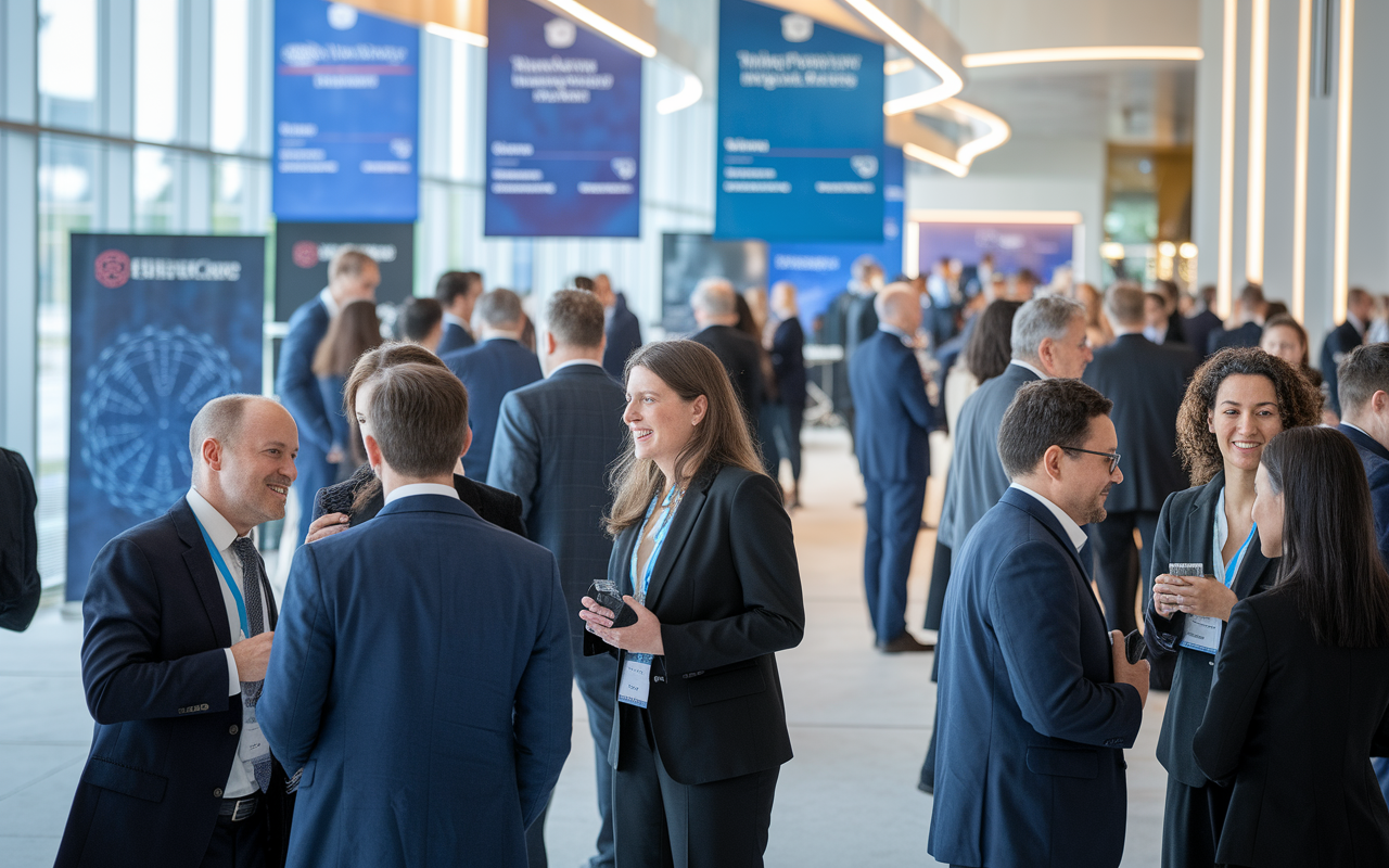A group of IMGs at a prestigious networking event, engaged in conversation and exchanging contacts. The event showcases banners with healthcare logos and a bright, sophisticated environment, where attendees are dressed in professional attire, depicting ambition and community.